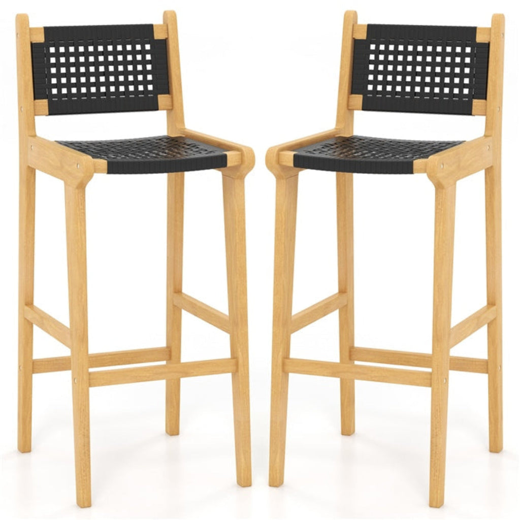 Tangkula Teak Wood Bar Chair, 30” Rattan Bar Stool with Backrest & Footrest - JV11897