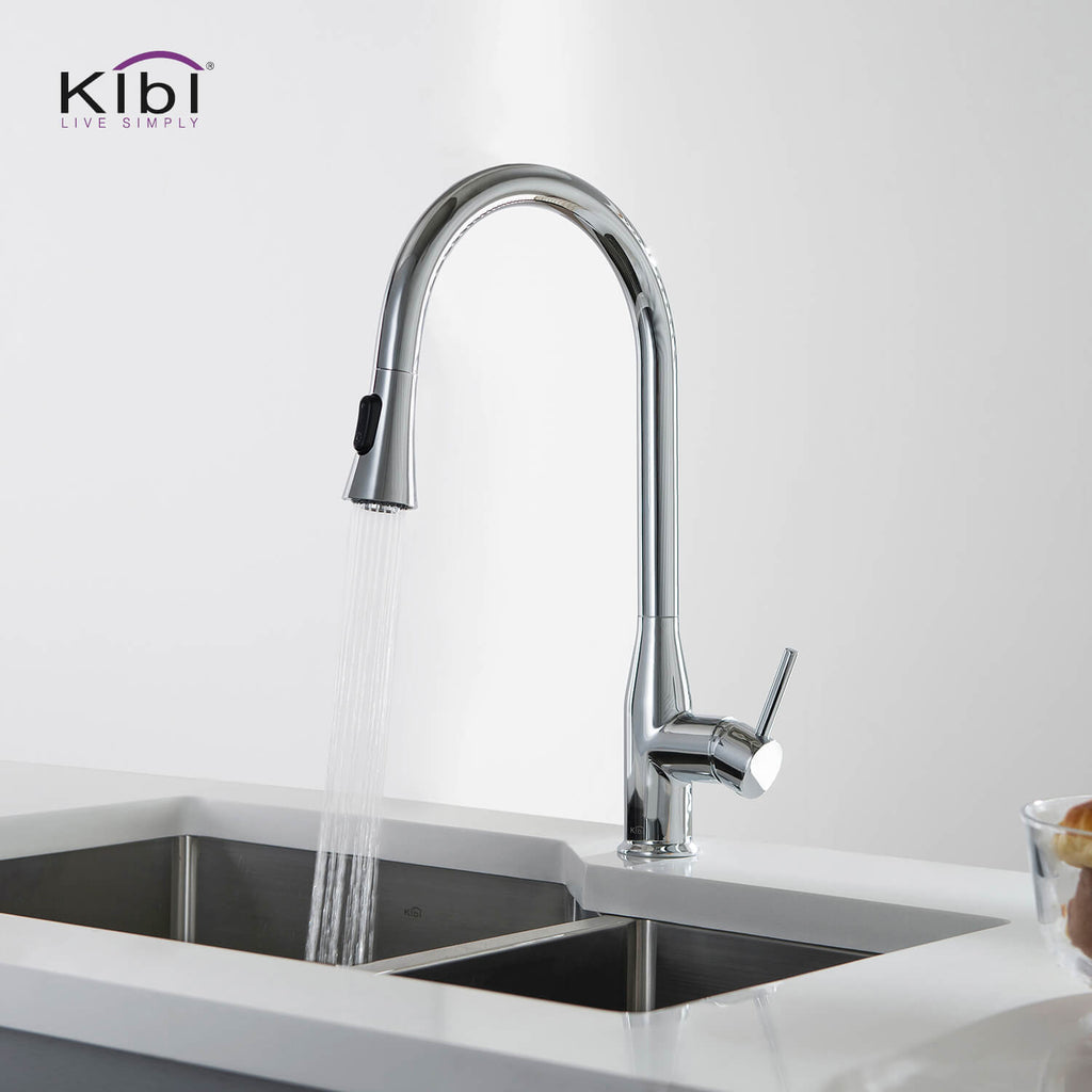 KIBI Napa Single Handle High Arc Pull Down Kitchen Faucet With Soap Dispenser in Chrome Finish - C-KKF2005CH-KSD100CH