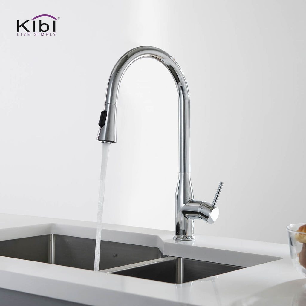 KIBI Napa Single Handle High Arc Pull Down Kitchen Faucet With Soap Dispenser in Chrome Finish - C-KKF2005CH-KSD100CH
