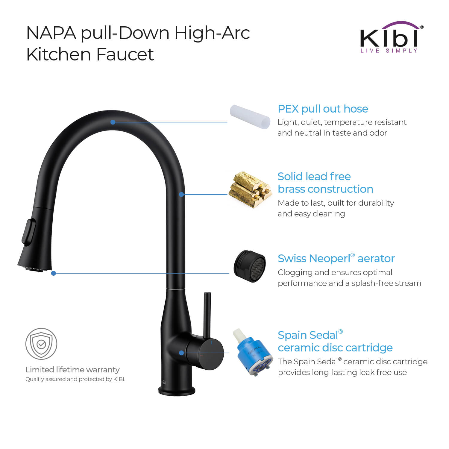 KIBI Napa Single Handle High Arc Pull Down Kitchen Faucet With Soap Dispenser in Matte Black Finish - C-KKF2005MB-KSD100MB