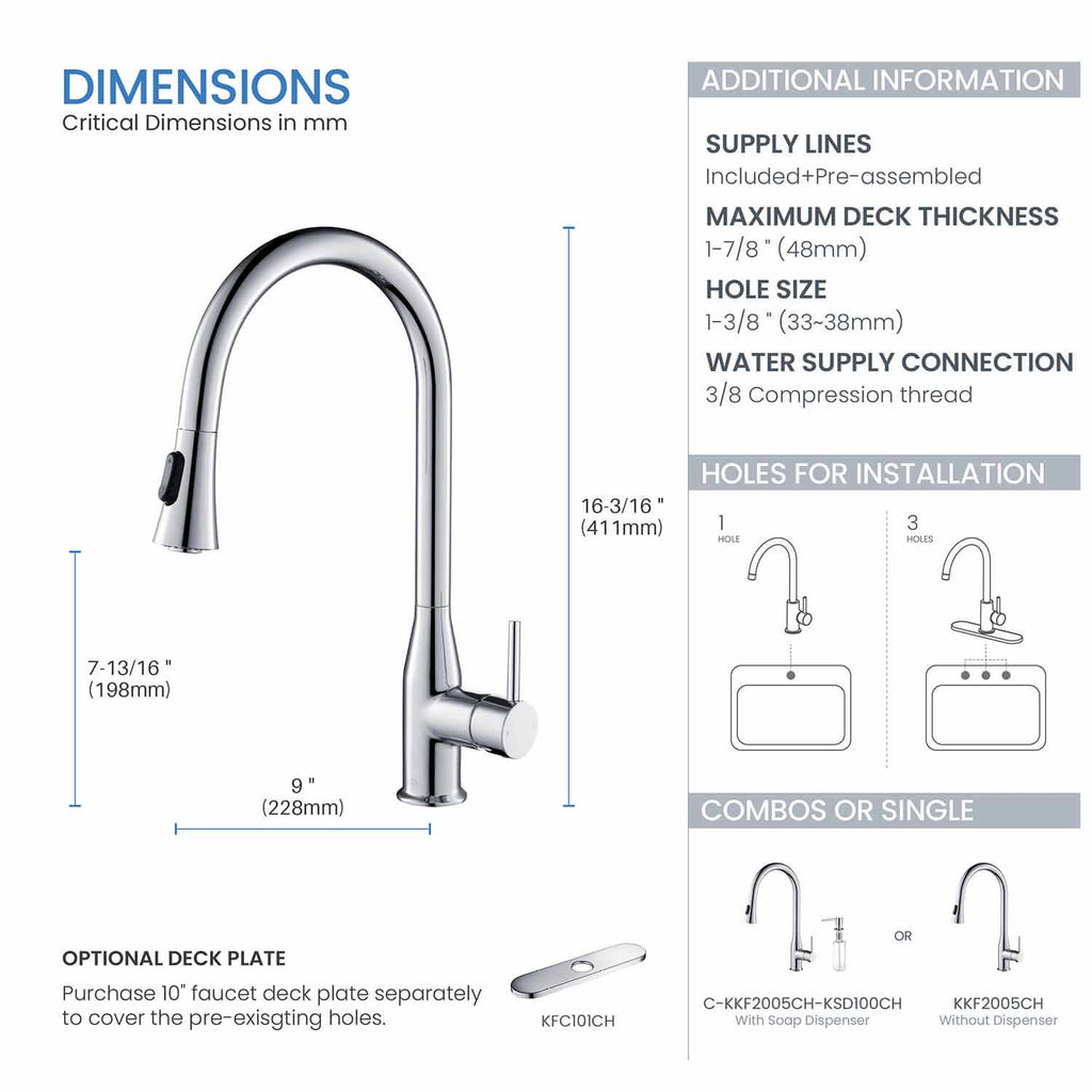 KIBI Napa Single Handle High Arc Pull Down Kitchen Faucet in Chrome Finish - KKF2005CH