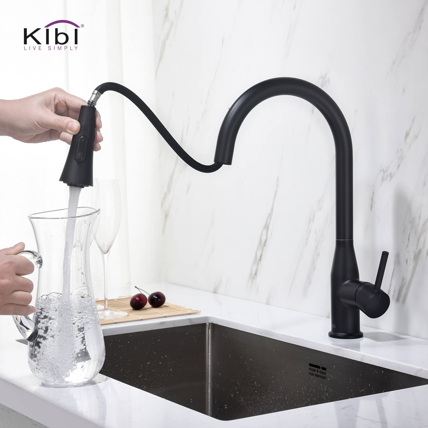 KIBI Napa Single Handle High Arc Pull Down Kitchen Faucet in Matte Black Finish - KKF2005MB