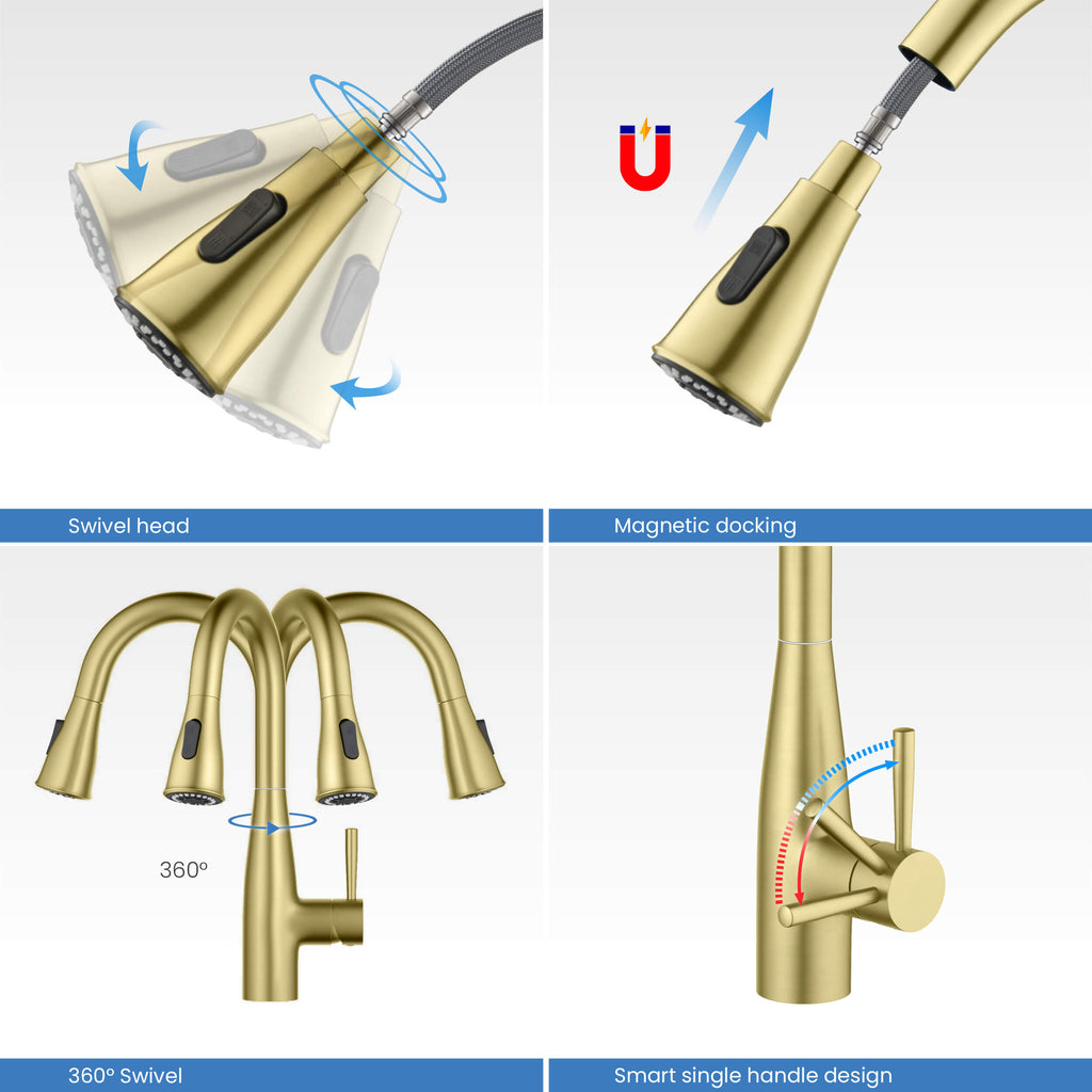 Kibi Bari Single Handle Pull Down Kitchen and Bar Sink Faucet With Soap Dispenser in Brushed Gold Finish - C-KKF2015BG-KSD100BG