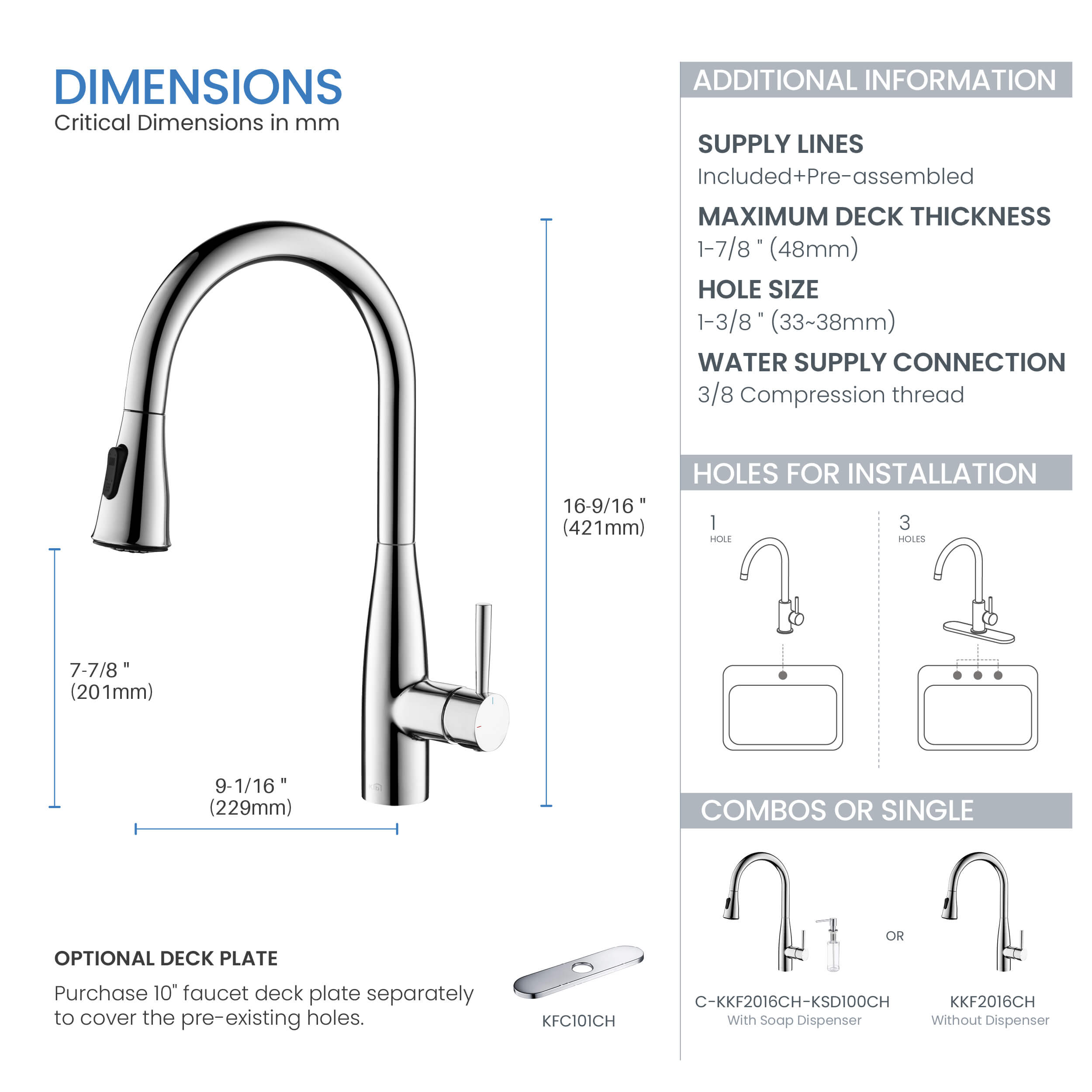 Kibi Bari-T Single Handle Pull Down Kitchen Sink Faucet With Soap Dispenser in Chrome Finish - C-KKF2016CH-KSD100CH