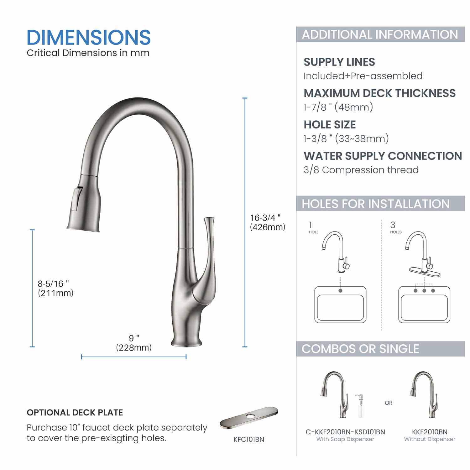 Kibi Cedar Single Handle High Arc Pull Down Kitchen Faucet With Soap Dispenser in Brushed Nickel Finish - C-KKF2010BN-KSD101BN