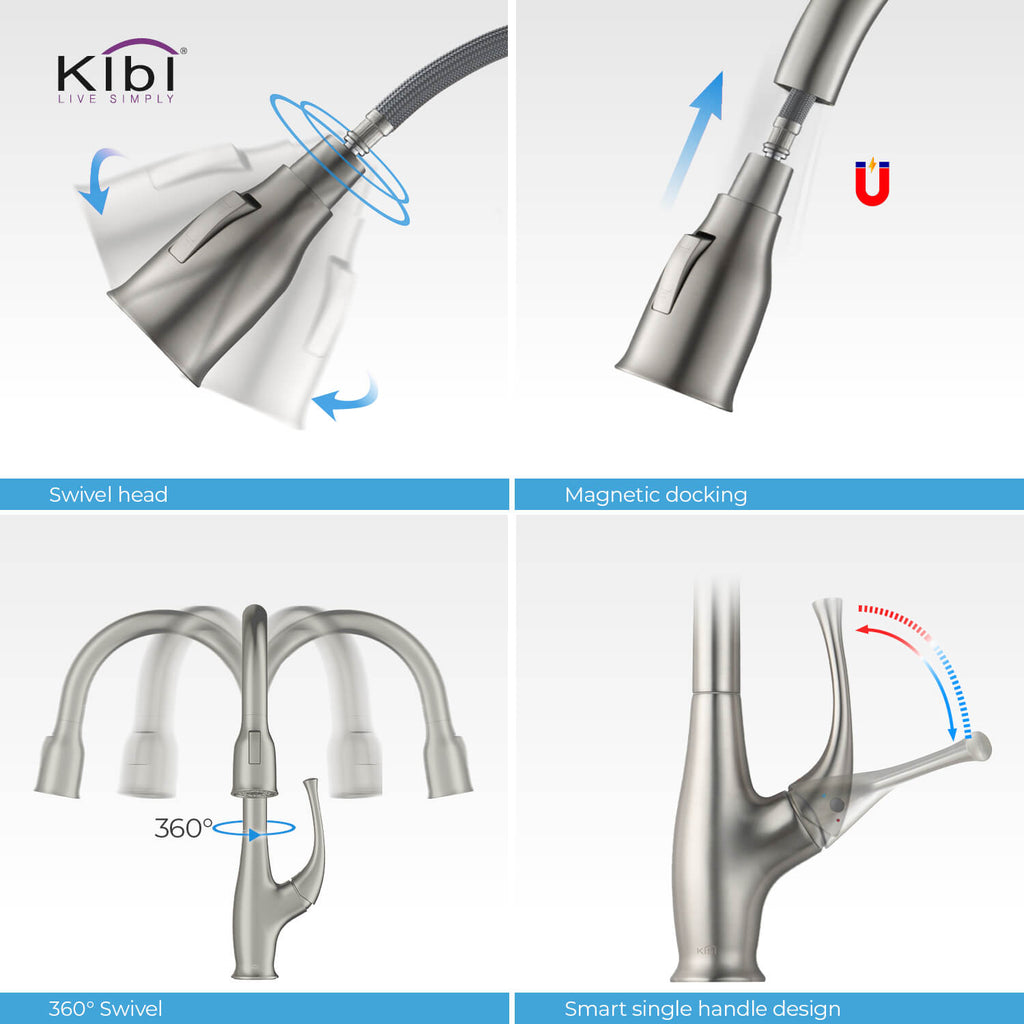 Kibi Cedar Single Handle High Arc Pull Down Kitchen Faucet With Soap Dispenser in Brushed Nickel Finish - C-KKF2010BN-KSD101BN