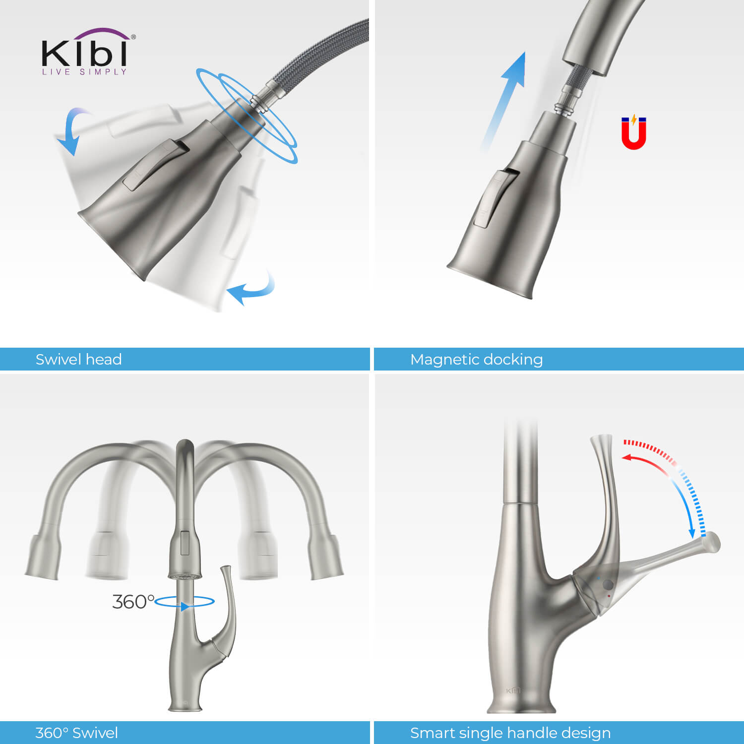 Kibi Cedar Single Handle High Arc Pull Down Kitchen Faucet in Brushed Nickel Finish - KKF2010BN