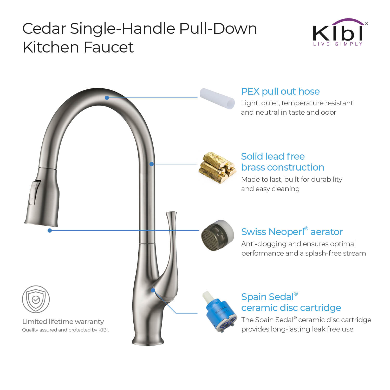 Kibi Cedar Single Handle High Arc Pull Down Kitchen Faucet in Brushed Nickel Finish - KKF2010BN