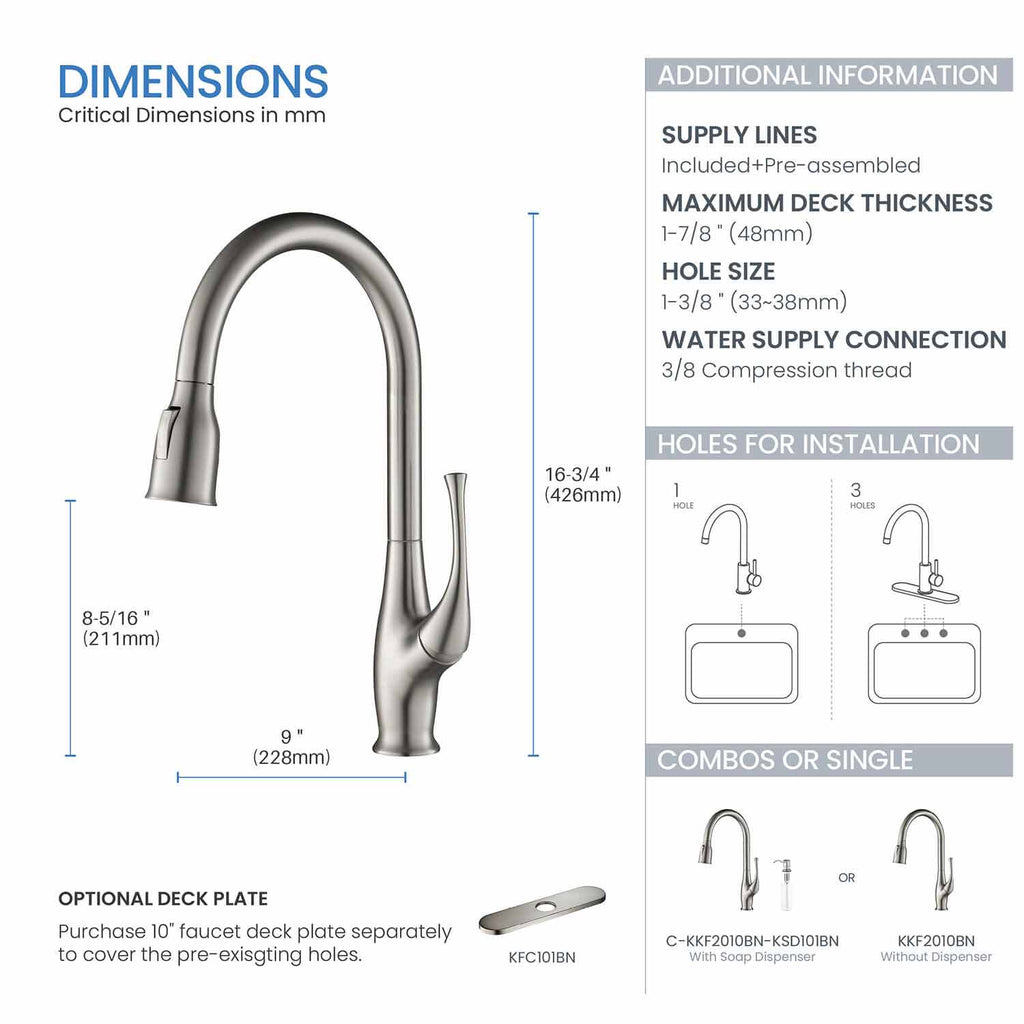 Kibi Cedar Single Handle High Arc Pull Down Kitchen Faucet in Brushed Nickel Finish - KKF2010BN