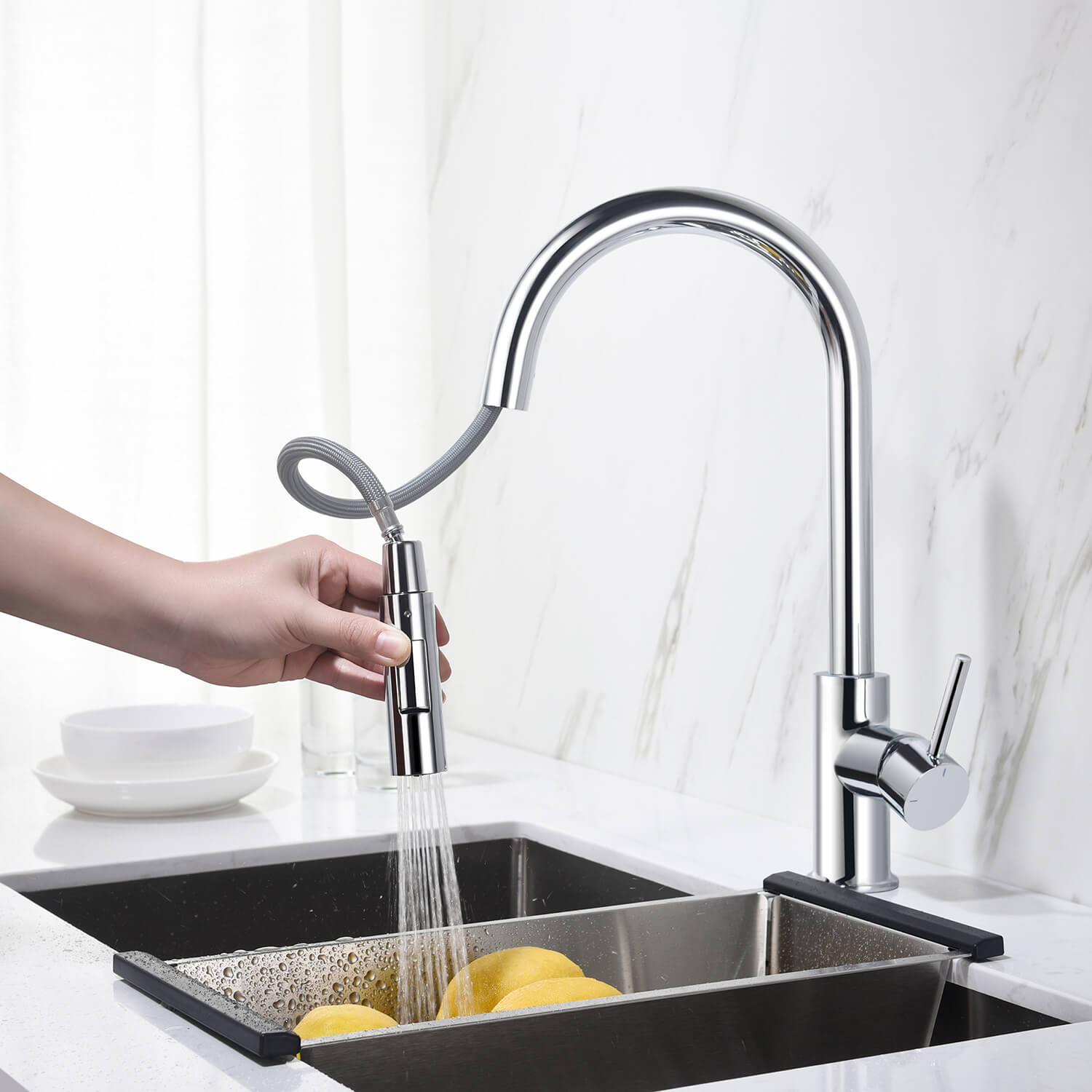 Kibi Circular Single Handle Pull Down Kitchen Faucet With Soap Dispenser in Chrome Finish - C-KKF2013CH-KSD100CH