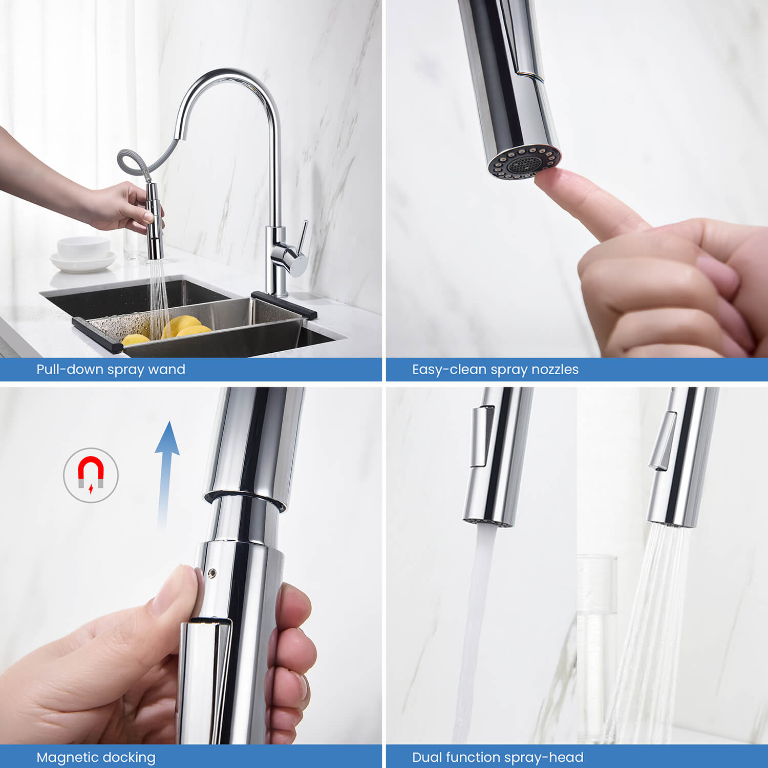 Kibi Circular Single Handle Pull Down Kitchen Faucet With Soap Dispenser in Chrome Finish - C-KKF2013CH-KSD100CH