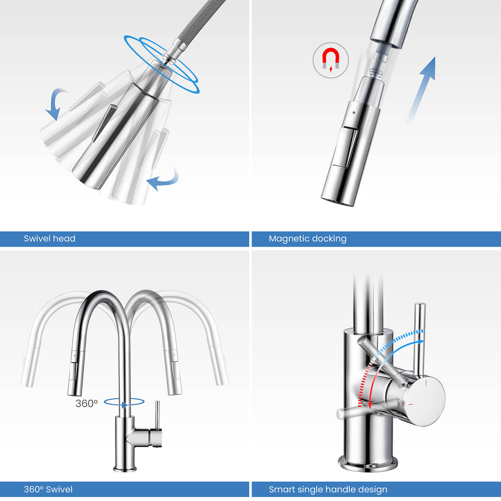 Kibi Circular Single Handle Pull Down Kitchen Faucet With Soap Dispenser in Chrome Finish - C-KKF2013CH-KSD100CH