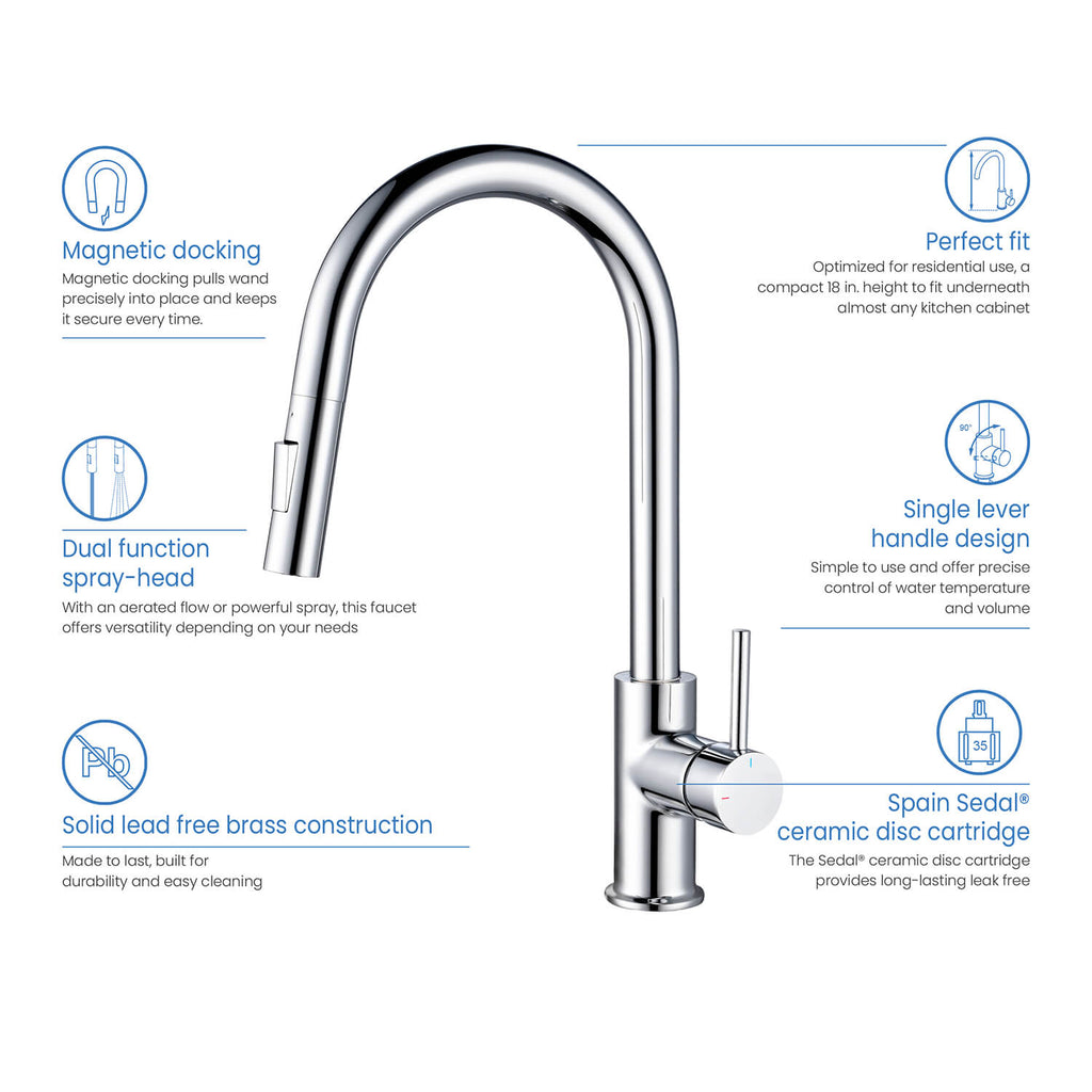 Kibi Circular Single Handle Pull Down Kitchen Faucet in Chrome Finish - KKF2013CH