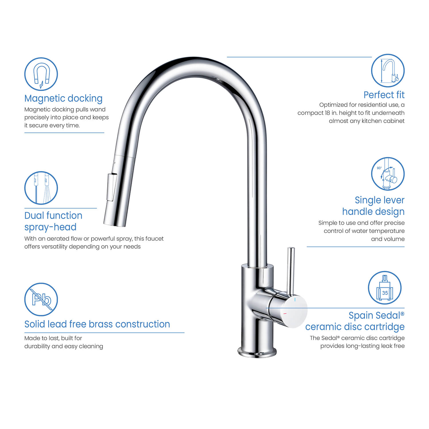 Kibi Circular Single Handle Pull Down Kitchen Faucet in Chrome Finish - KKF2013CH