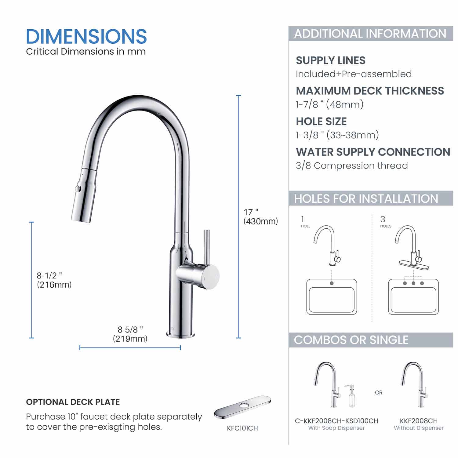 Kibi Hilo Single Handle High Arc Pull Down Kitchen Faucet With Soap Dispenser in Chrome Finish - C-KKF2008CH-KSD100CH