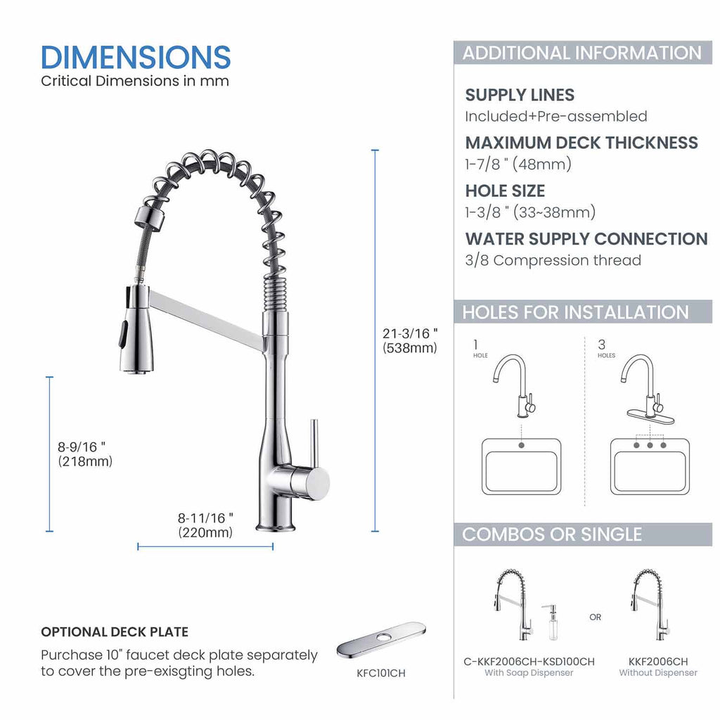 Kibi Largo Single Handle Pull Down Kitchen Faucet With Soap Dispenser in Chrome Finish - C-KKF2006CH-KSD100CH