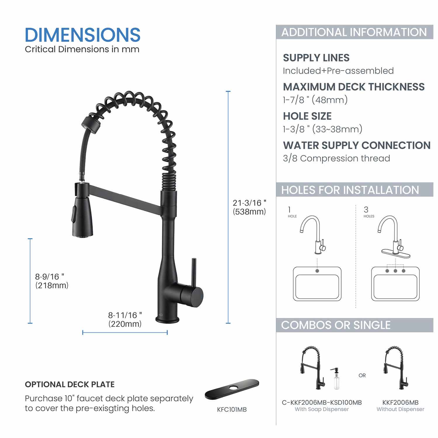 Kibi Largo Single Handle Pull Down Kitchen Faucet With Soap Dispenser in Matte Black Finish - C-KKF2006MB-KSD100MB