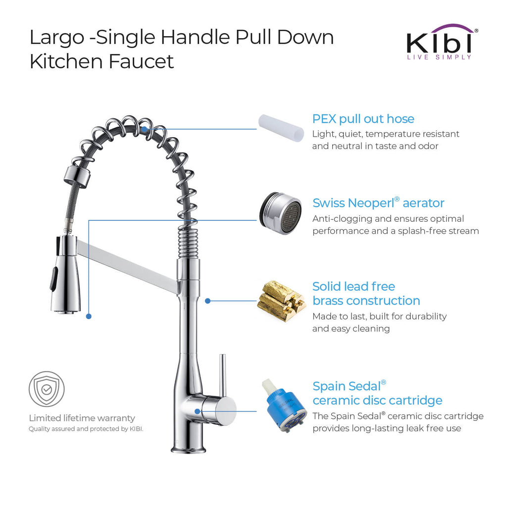 Kibi Largo Single Handle Pull Down Kitchen Faucet in Chrome Finish - KKF2006CH