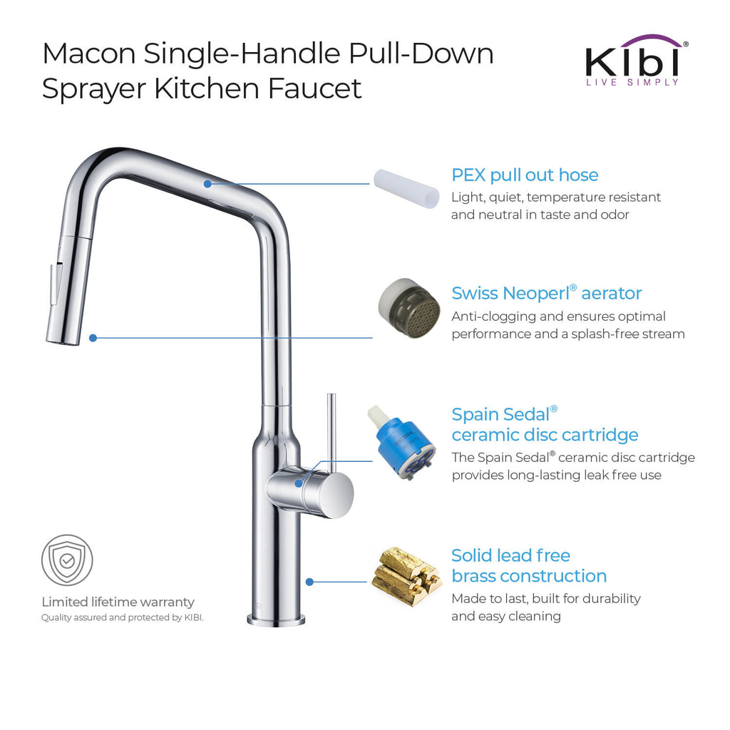 Kibi Macon Single Handle High Arc Pull Down Kitchen Faucet With Soap Dispenser in Chrome Finish - C-KKF2007CH-KSD100CH