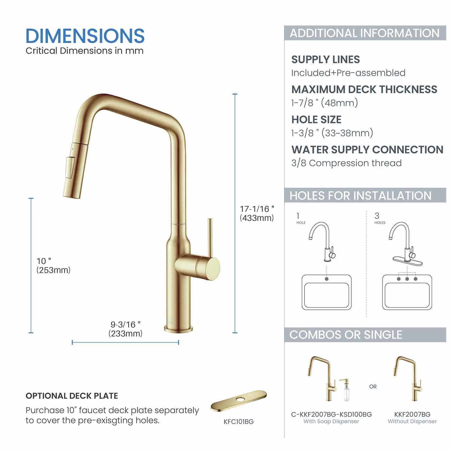 Kibi Macon Single Handle High Arc Pull Down Kitchen Faucet in Brushed Gold Finish - KKF2007BG