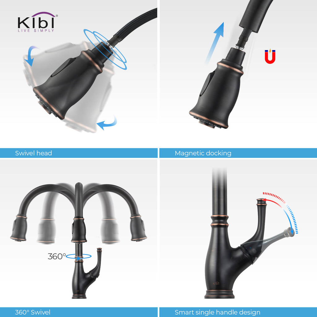 Kibi Summit Single Handle High Arc Pull Down Kitchen Faucet With Soap Dispenser in Oil Rubbed Bronze Finish - C-KKF2009ORB-KSD101ORB