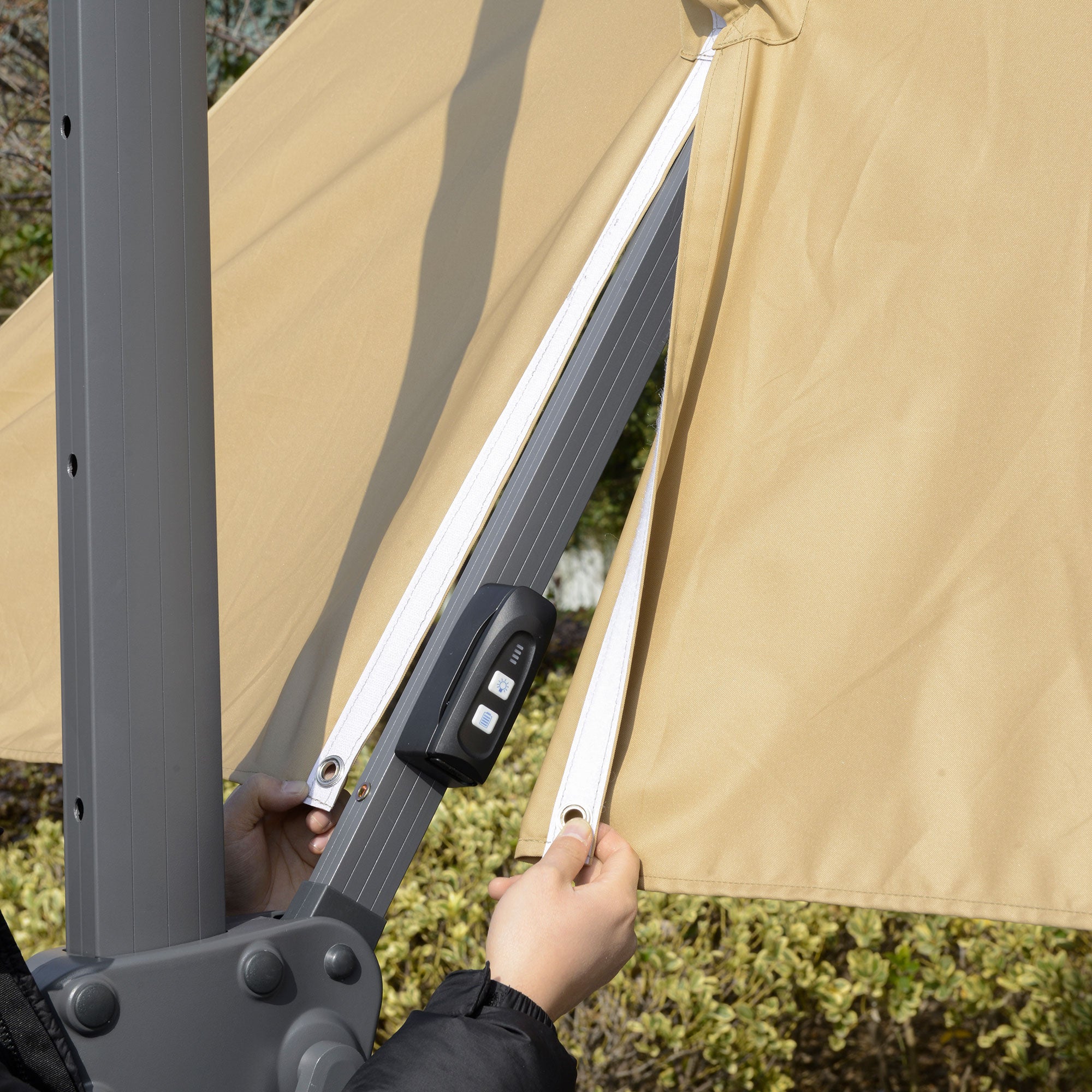 Outsunny 10ft. Solar LED Cantilever Umbrella, Offset Hanging Umbrella with 360¡ãRotation, Cross Base, 8 Ribs, Tilt and Crank for Yard, Khaki - 84D-184V01KK