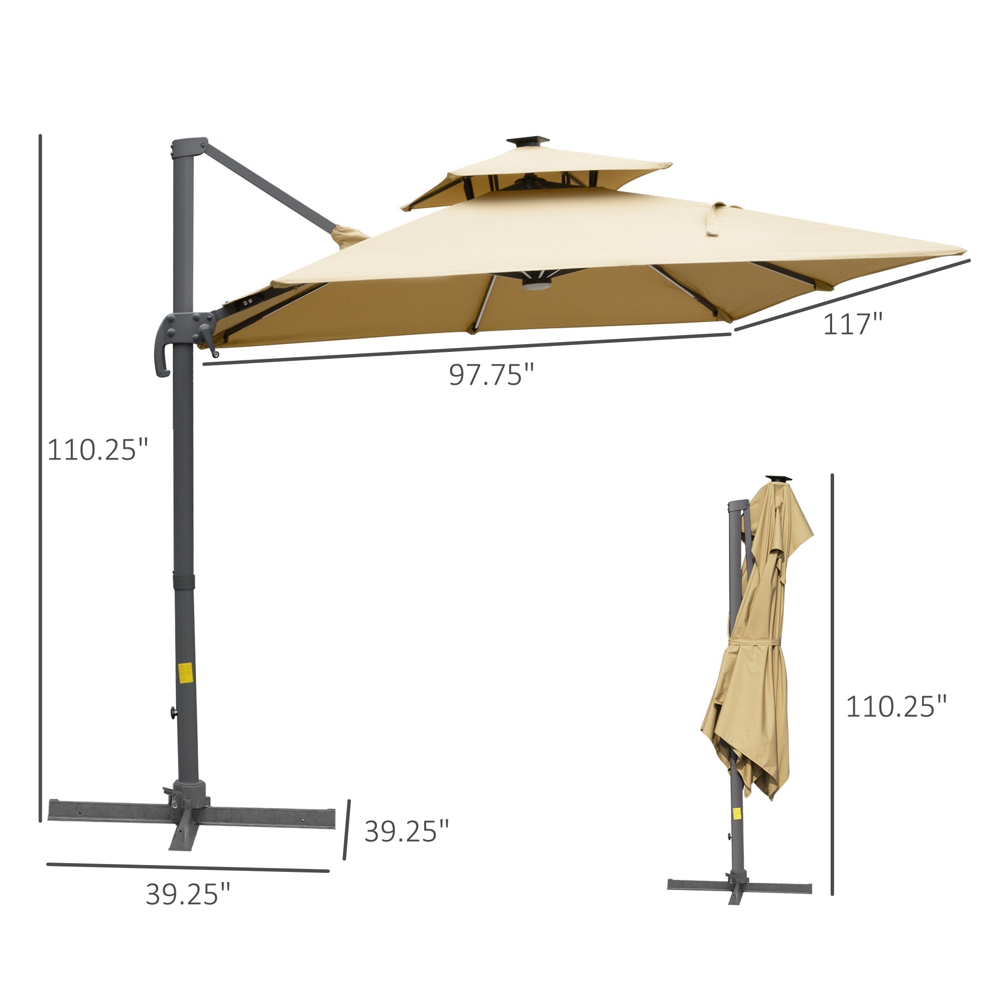 Outsunny 10ft. Solar LED Cantilever Umbrella, Offset Hanging Umbrella with 360¡ãRotation, Cross Base, 8 Ribs, Tilt and Crank for Yard, Khaki - 84D-184V01KK