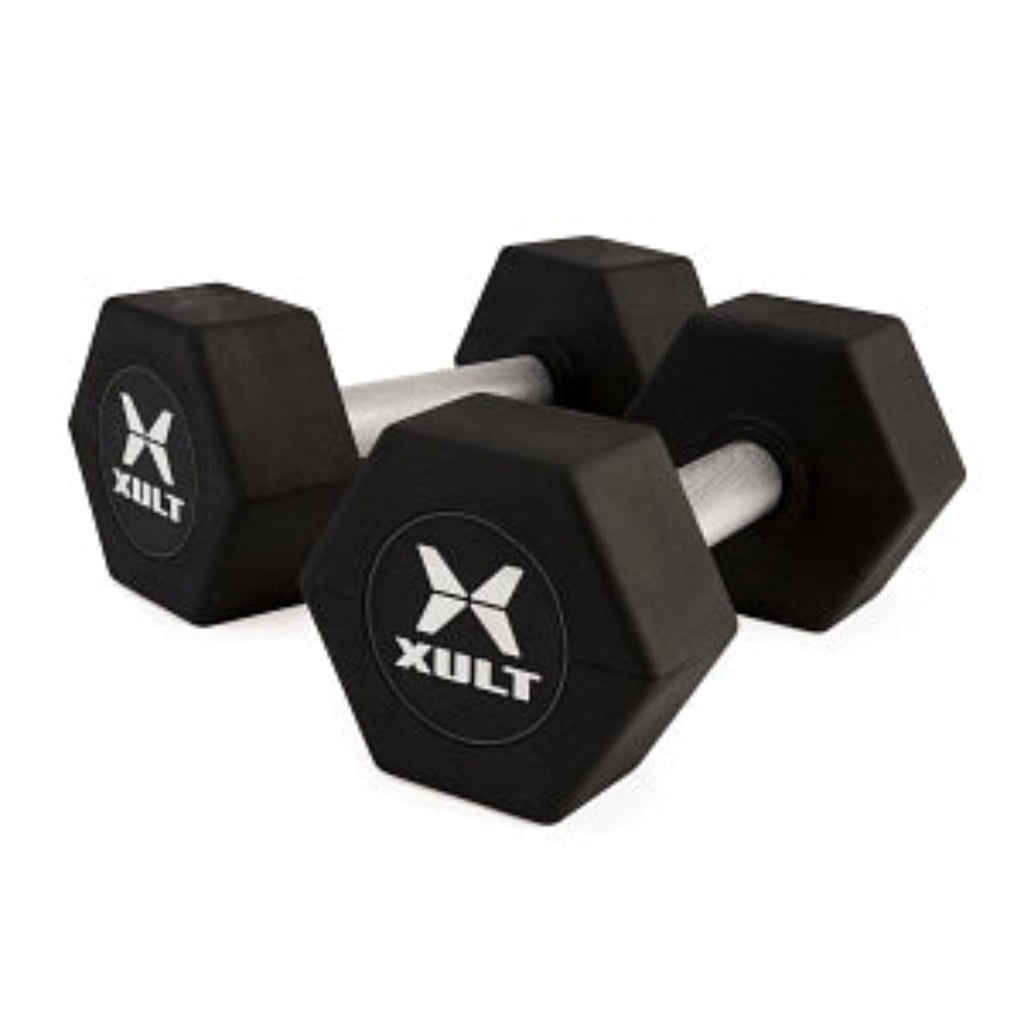Johnson Health Tech XULT Rubber Hex Dumbbell Pairs and Sets - XULT Rubber Hex Dumbbell Set in Black, 5-50 lb. - XT-5-50RBR-HEX