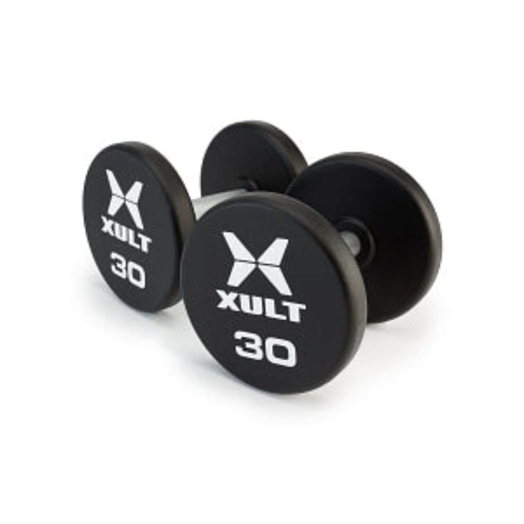 Johnson Health Tech XULT Urethane Round Dumbbells - XULT Urethane Round Dumbbell Set, Black Plus, 50 lb. - XT-5-50URE-RND-P