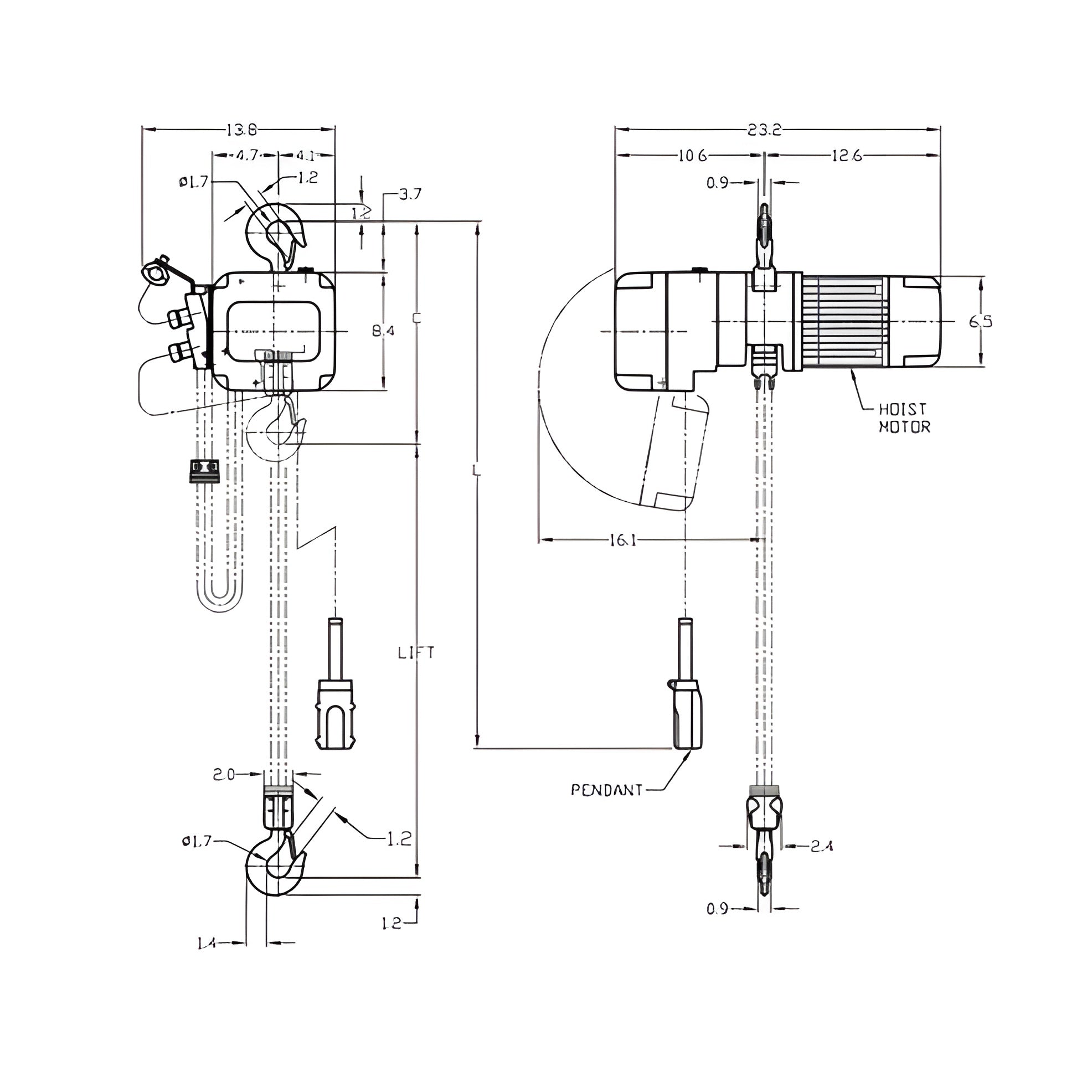 Harrington NER010L Electric Chain Hoist 1 Ton Capacity with 10FT Chain Fall - New Surplus - Harrington NER010L
