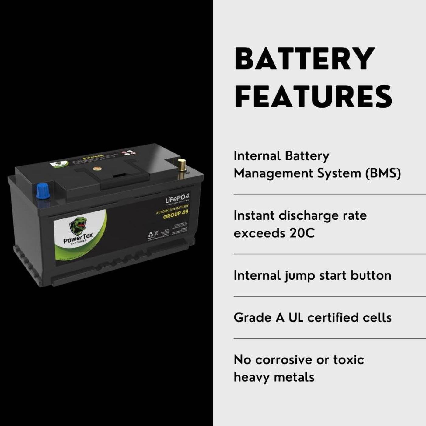 PowerTex 2021 BMW 840i xDrive Gran Coupe Car Battery BCI Group 49 / H8 Replacement Lithium LiFePO4 Automotive Battery - PTLG49-361
