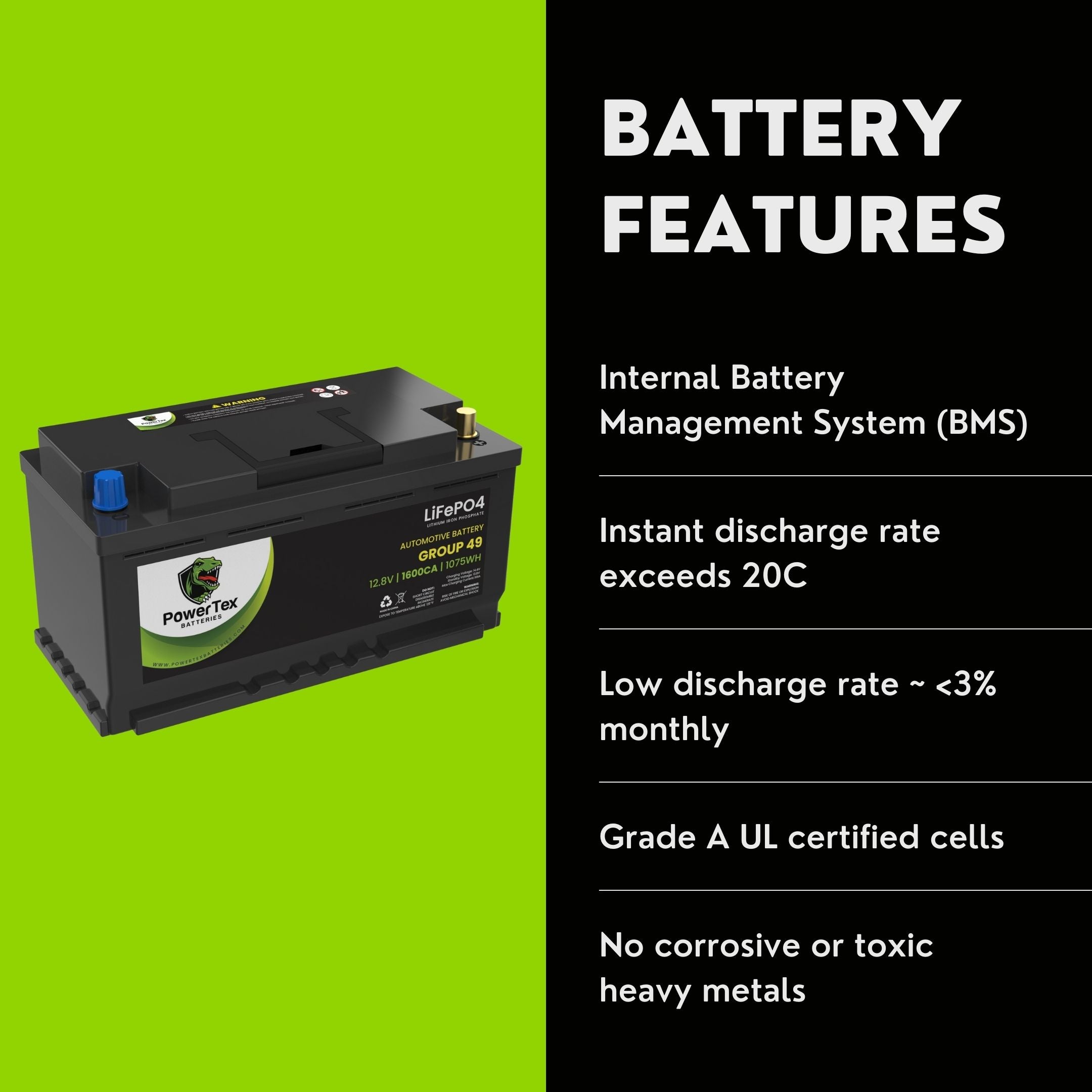 PowerTex 2012 Aston Martin V12 Vantage Car Batteries BCI Group 49 / H8 Lithium LiFePO4 Automotive Battery - PTLG49-29