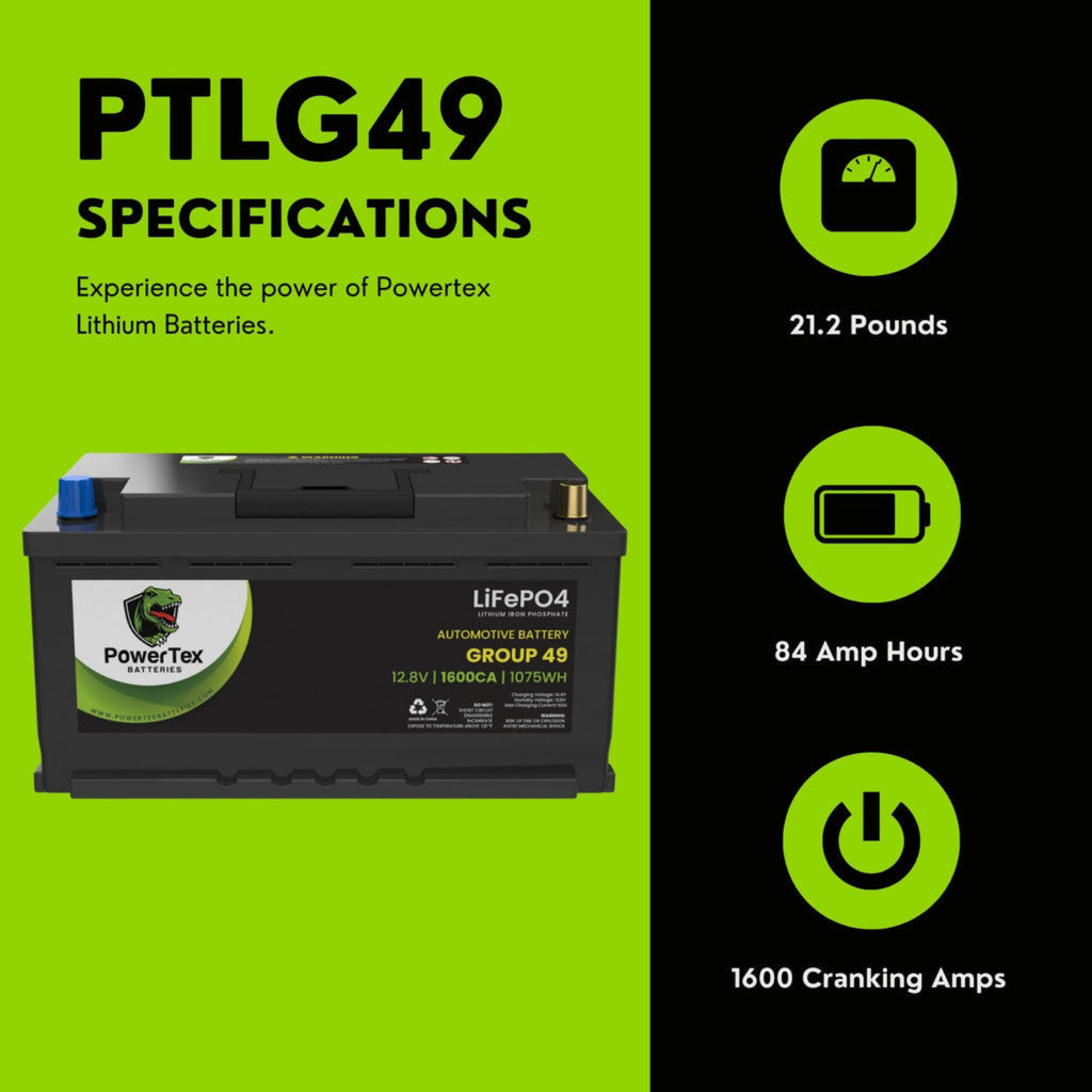 PowerTex 2018 Ford F-150 Car Battery BCI Group 49 / H8 Lithium LiFePO4 Automotive Battery - PTLG49-888