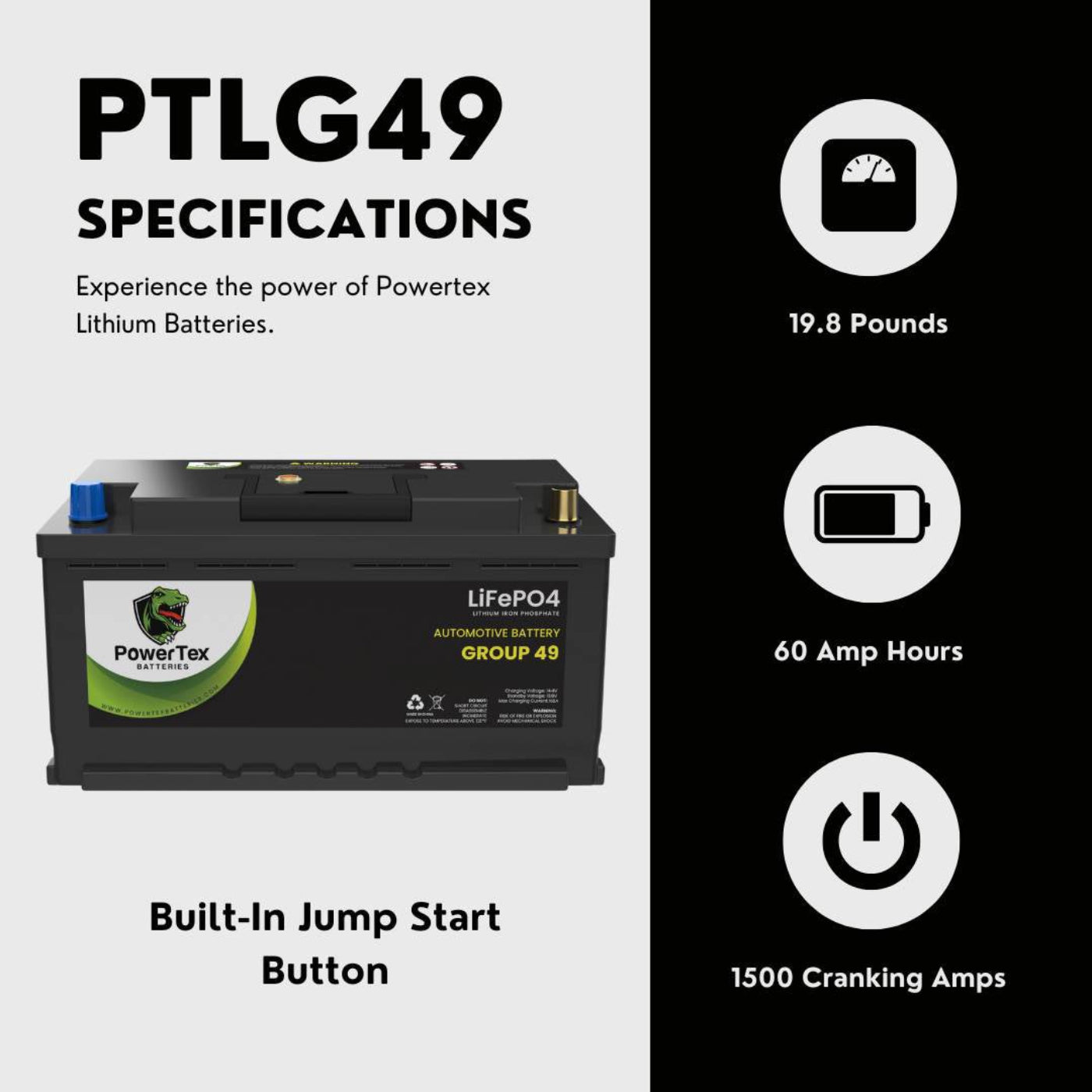 PowerTex 2014 BMW 740Li Car Battery BCI Group 49 / H8 Replacement Lithium LiFePO4 Automotive Battery - PTLG49-622