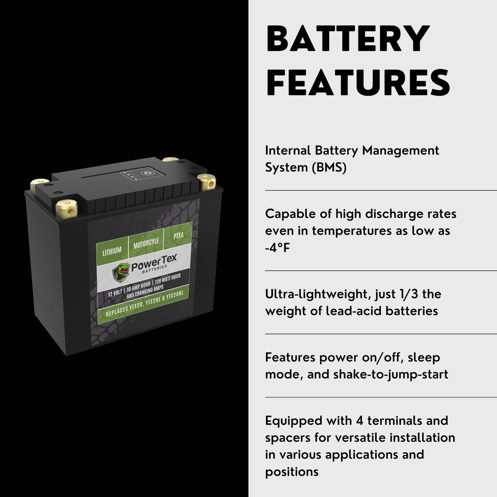 PowerTex Batteries YTX20L-BS LiFePO4 Lithium Iron Phosphate Motorcycle Battery