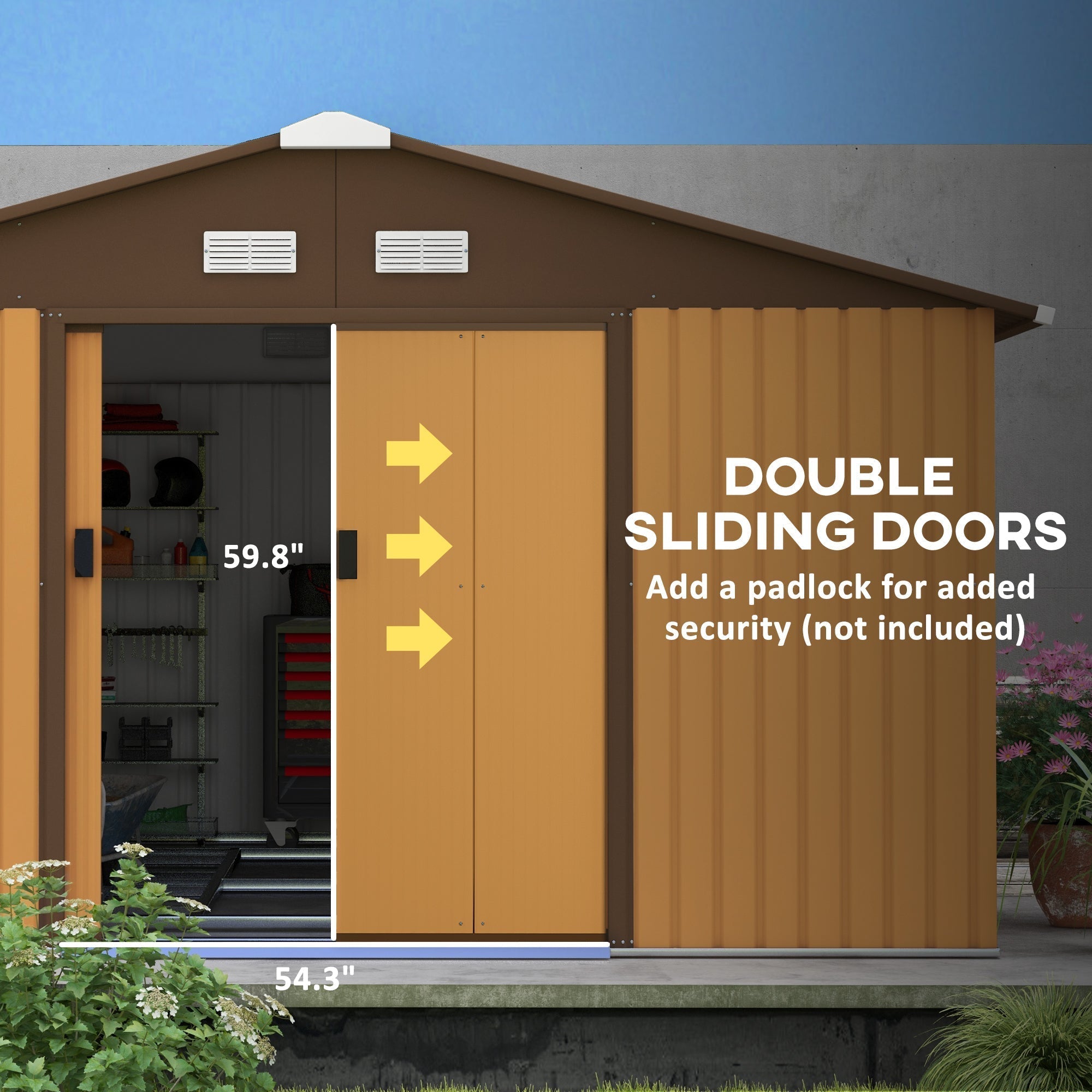 Outsunny EverBase 11' x 13' Outdoor Storage Shed with Double Lockable Door & Air Vents, Yellow - 845-031V01YL