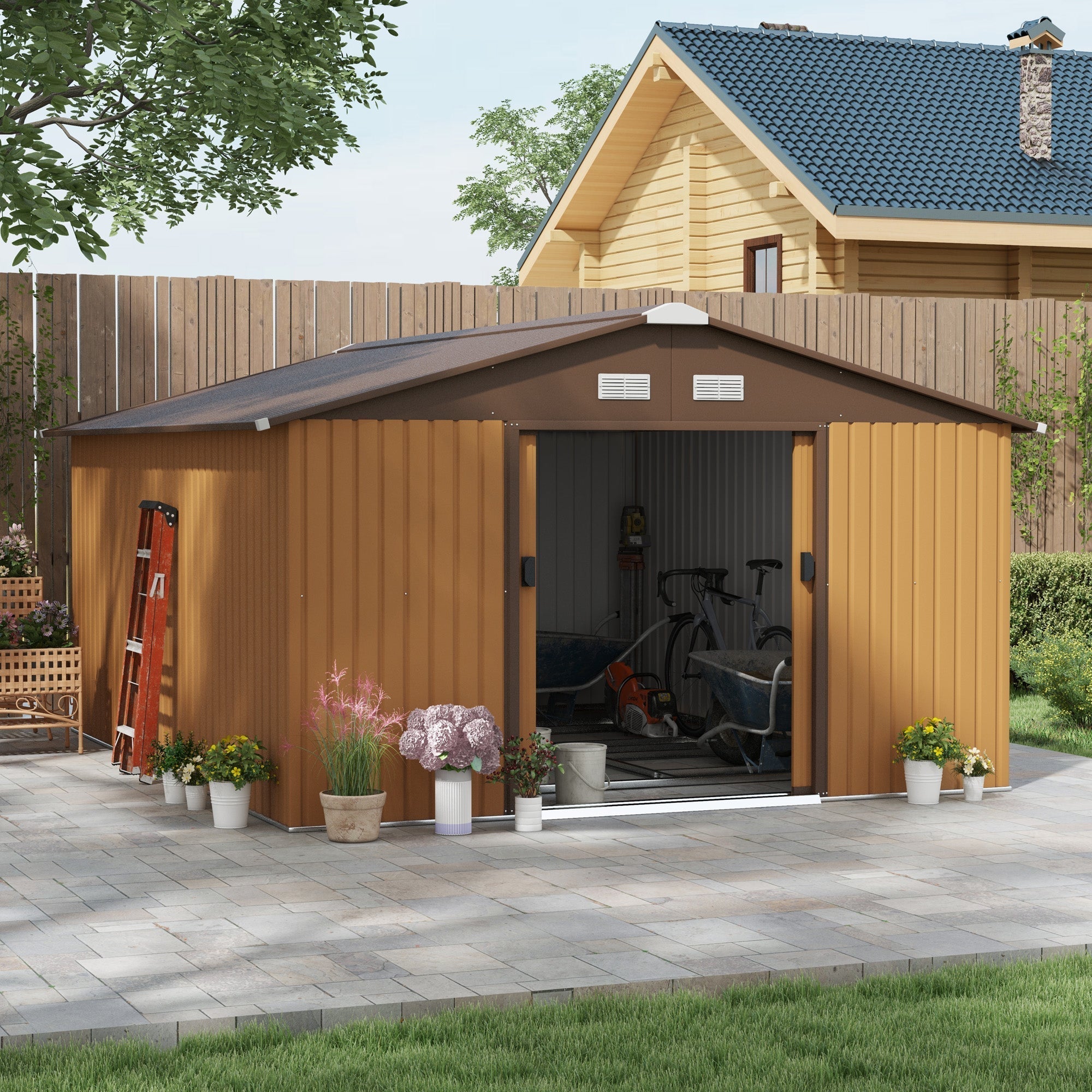 Outsunny EverBase 11' x 13' Outdoor Storage Shed with Double Lockable Door & Air Vents, Yellow - 845-031V01YL
