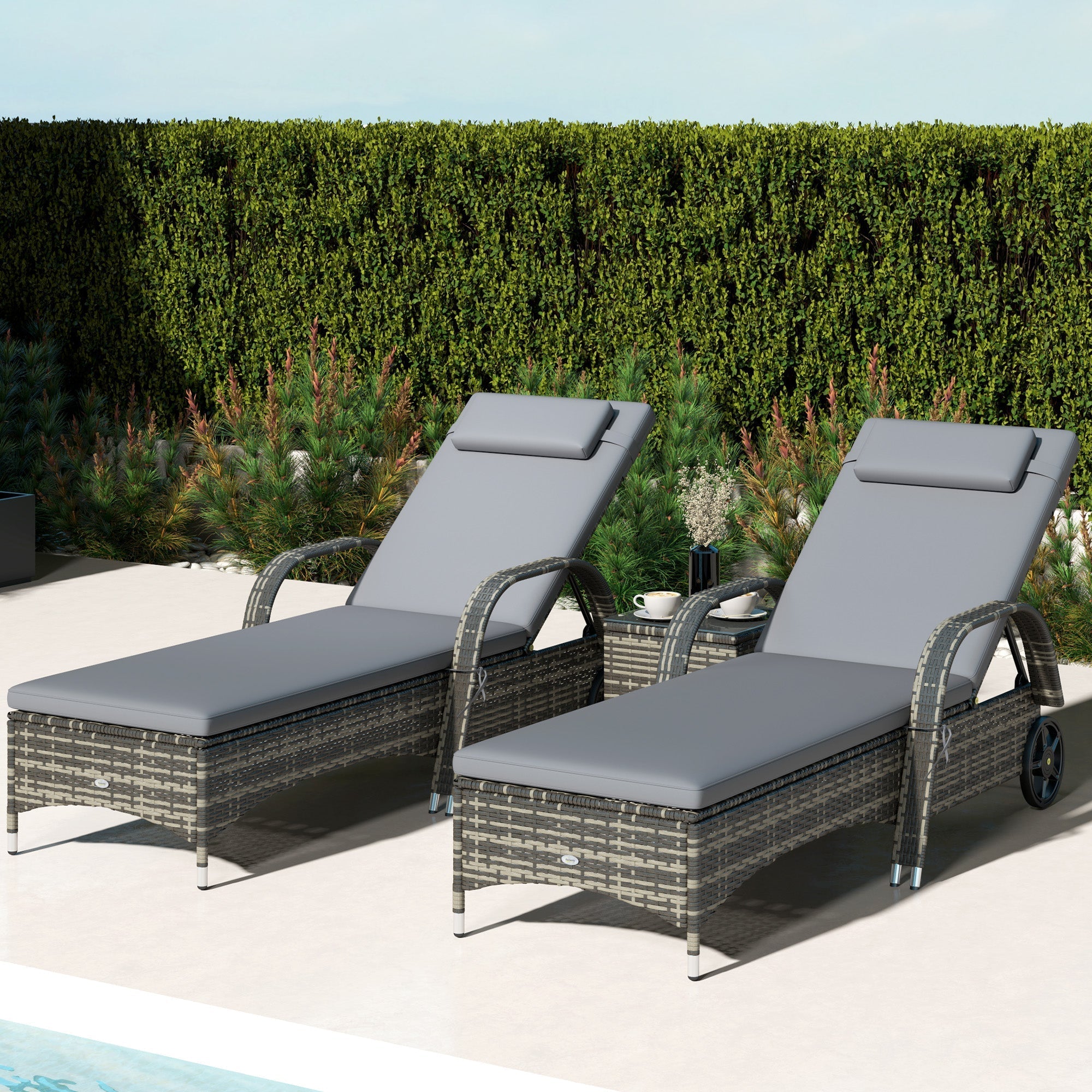 Outsunny 3-Piece Wicker Chaise Lounge Chair Set with Side Table, 5-Level Adjustable Backrest, Gray - 862-014V02GY