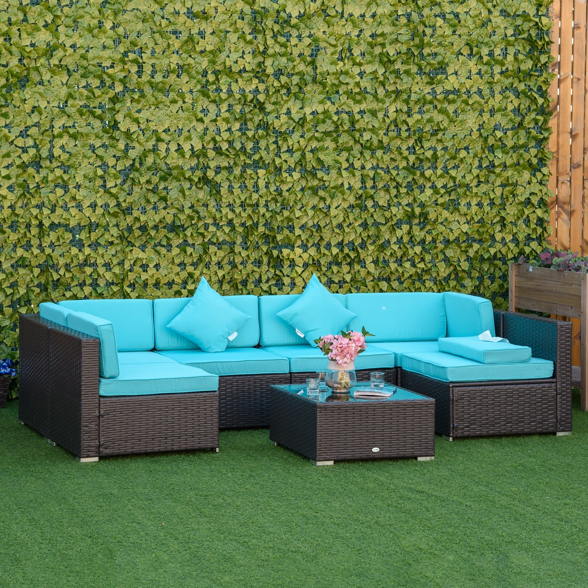 Outsunny 7-Piece All-Weather PE Rattan Sectional Sofa with Glass Coffee Table & Cushions, Turquoise - 860-020CF