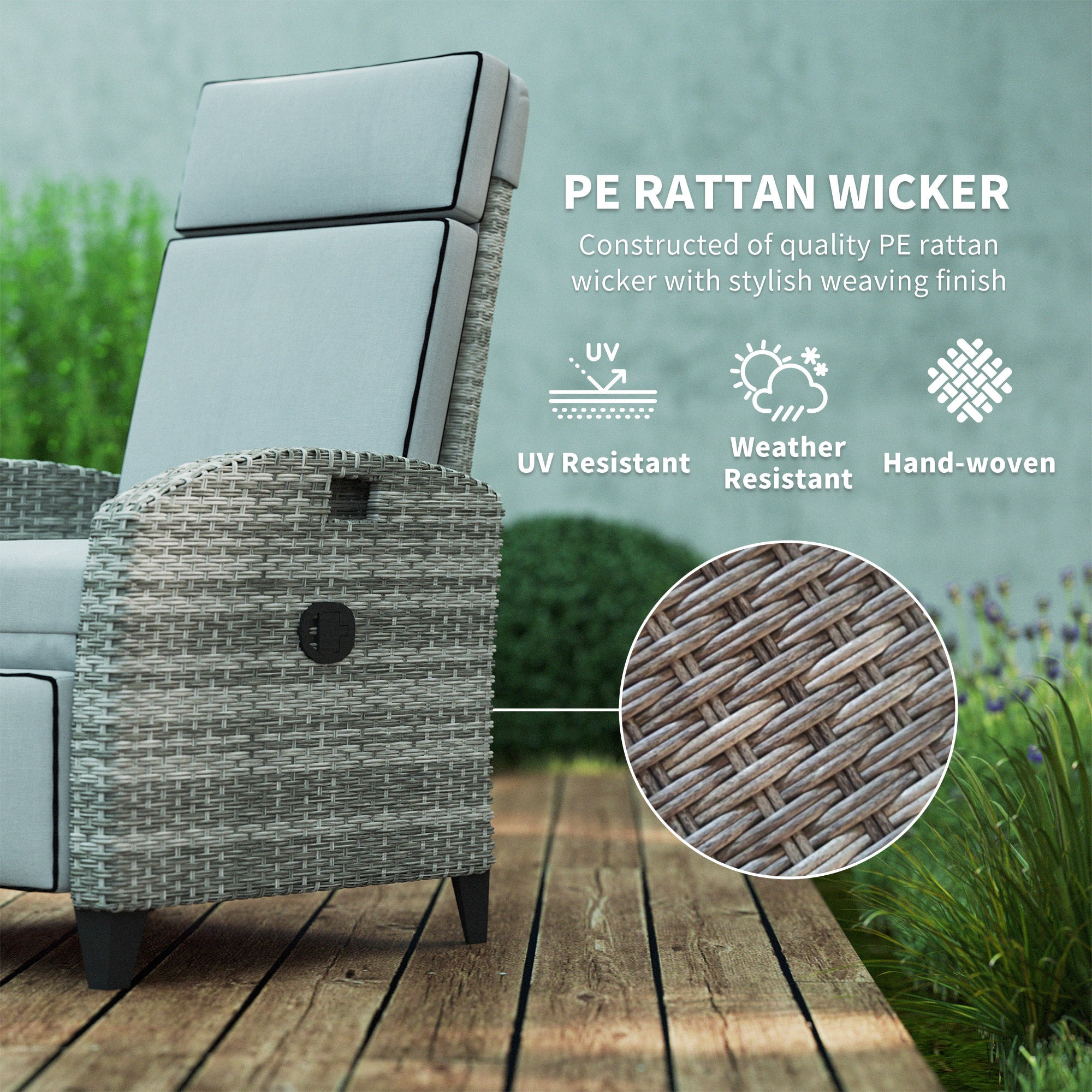 Outsunny Reclining Garden Chairs with Cushions, Adjustable Footrest, Side Tray Table, Gray - 867-189V01GY