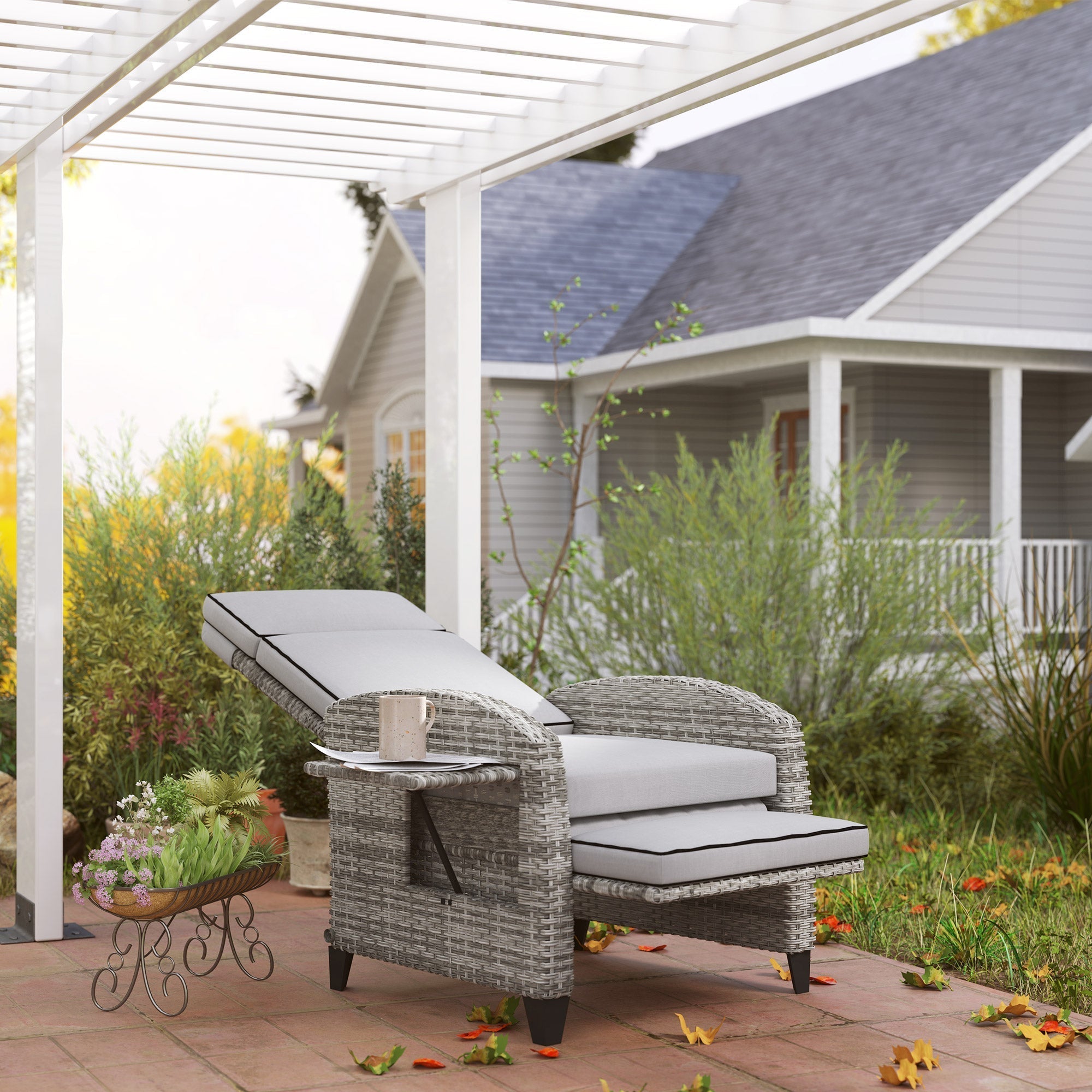 Outsunny Reclining Garden Chairs with Cushions, Adjustable Footrest, Side Tray Table, Gray - 867-189V01GY