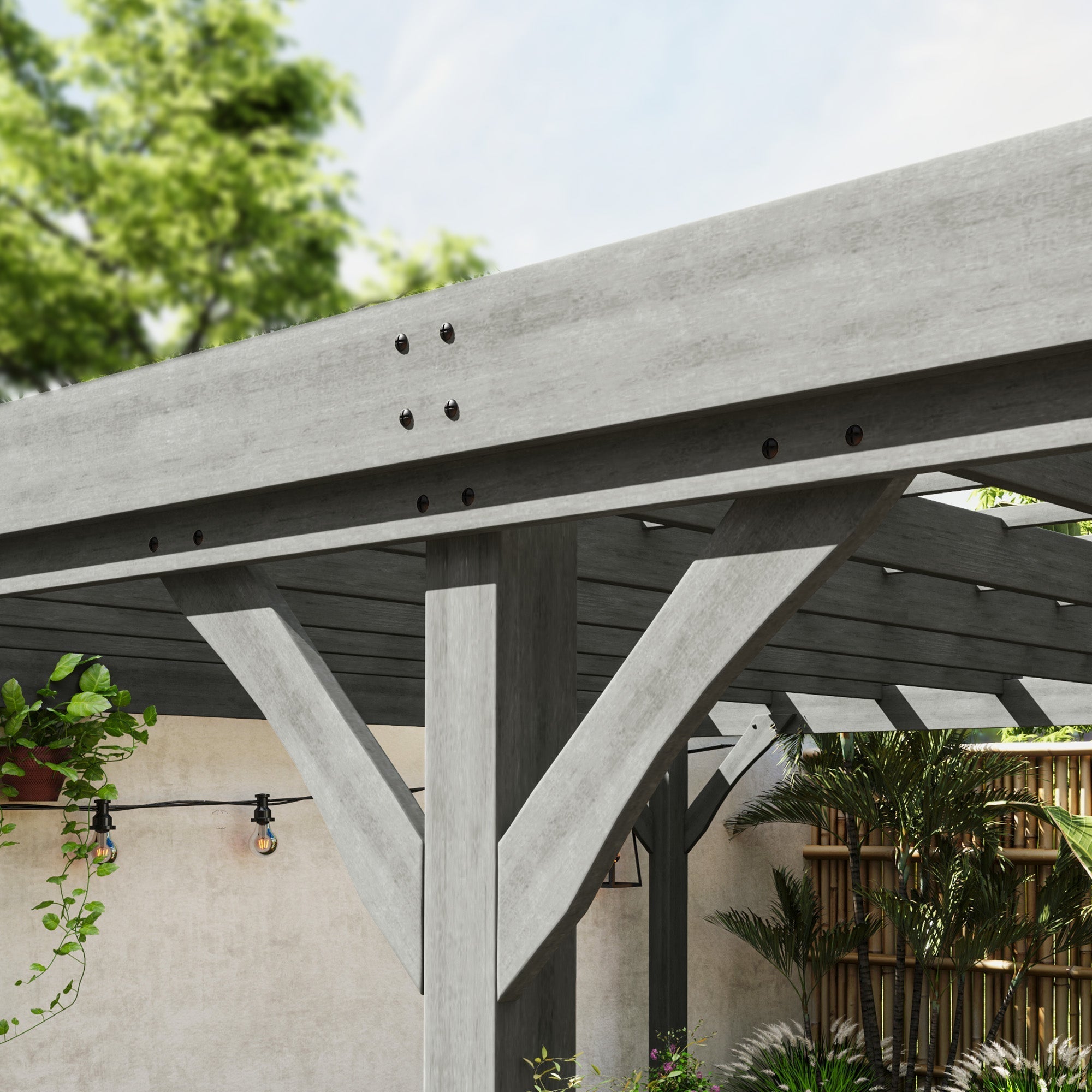 12' x 20' Wooden Pergola with Grape Vine Design & Concrete Anchors, Gray