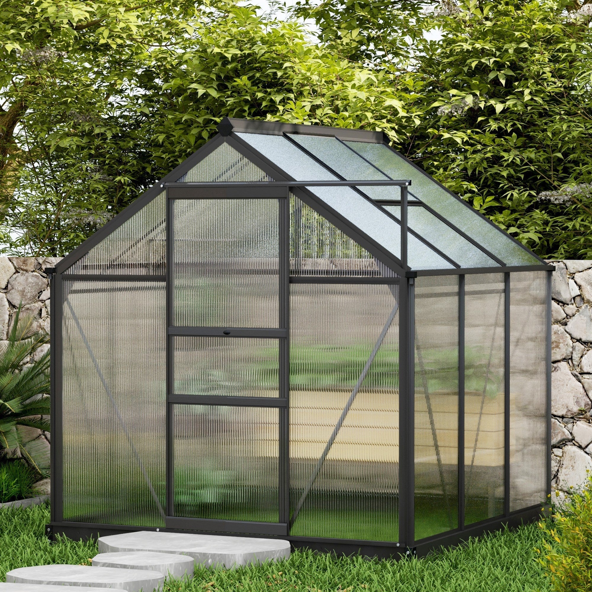 Outsunny 6' x 6' Polycarbonate Greenhouse with Rain Gutter and Roof Vent for Outdoor Garden, Gray - 845-058GY