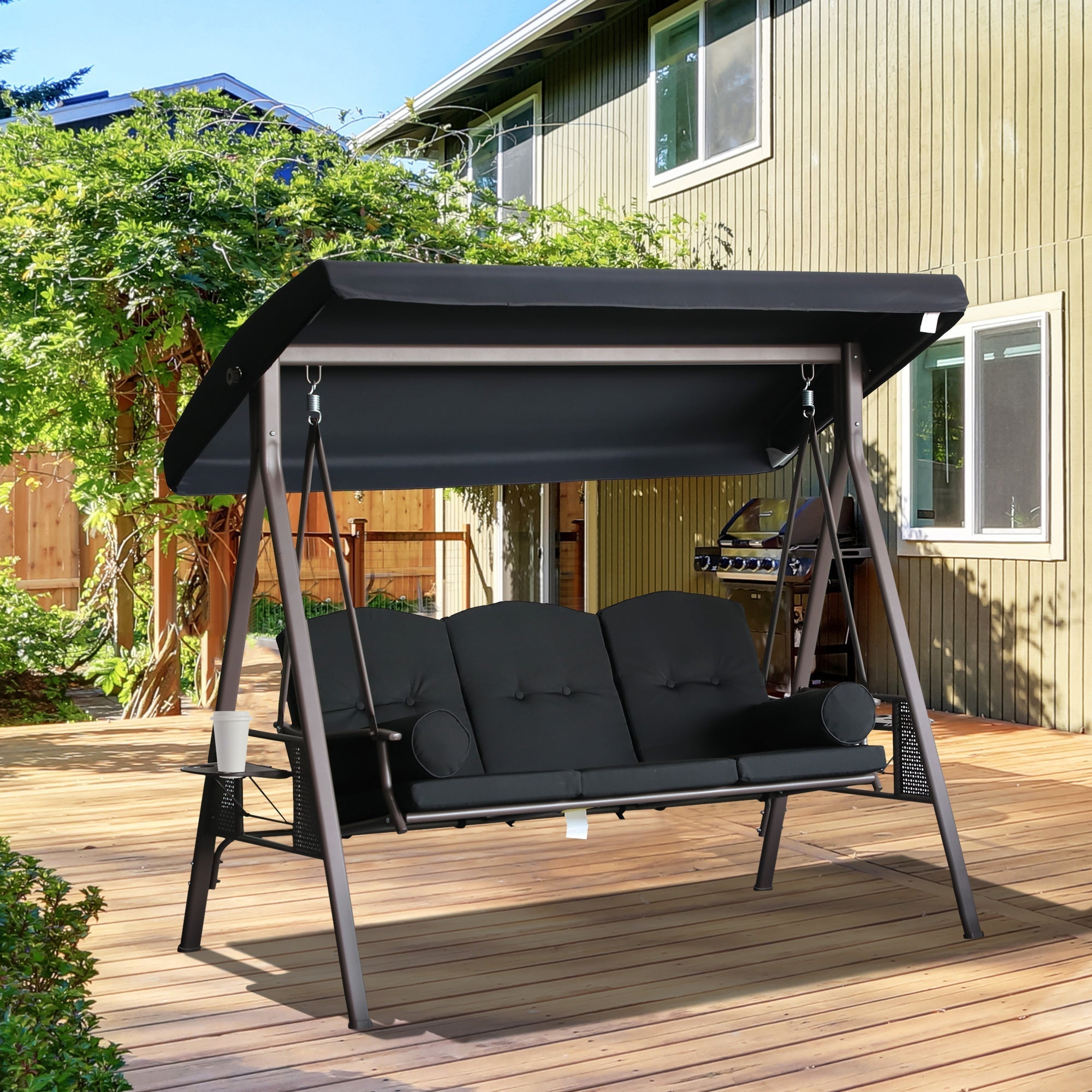 Outsunny 3-Seat Patio Swing Chair with Adjustable Canopy, Removable Cushion, Pillows & Trays, Black - 84A-068BK