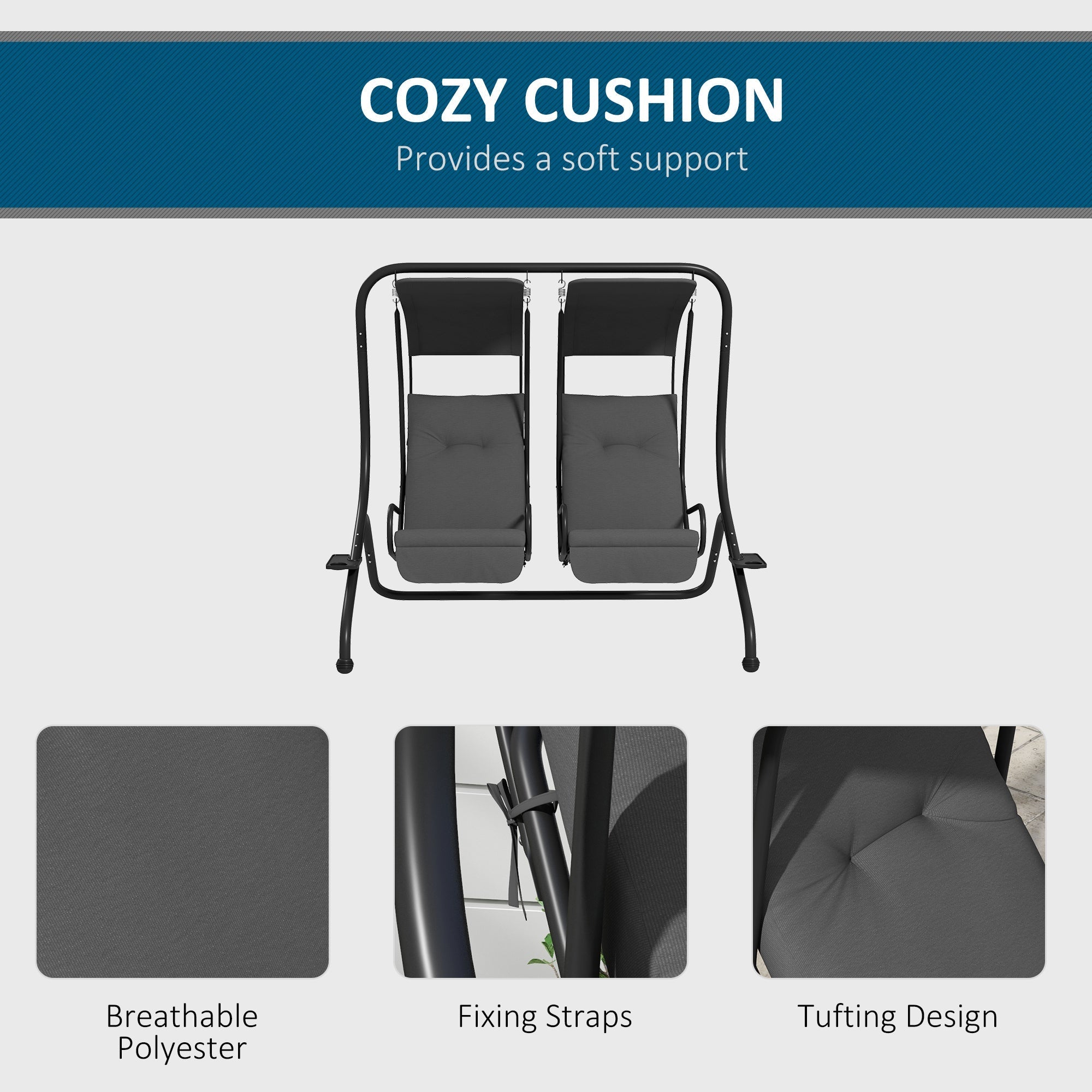 Outsunny 2-Seater Outdoor Swing Chair with Canopy for Porch, Patio, Backyard - Gray - 84A-052V03GY