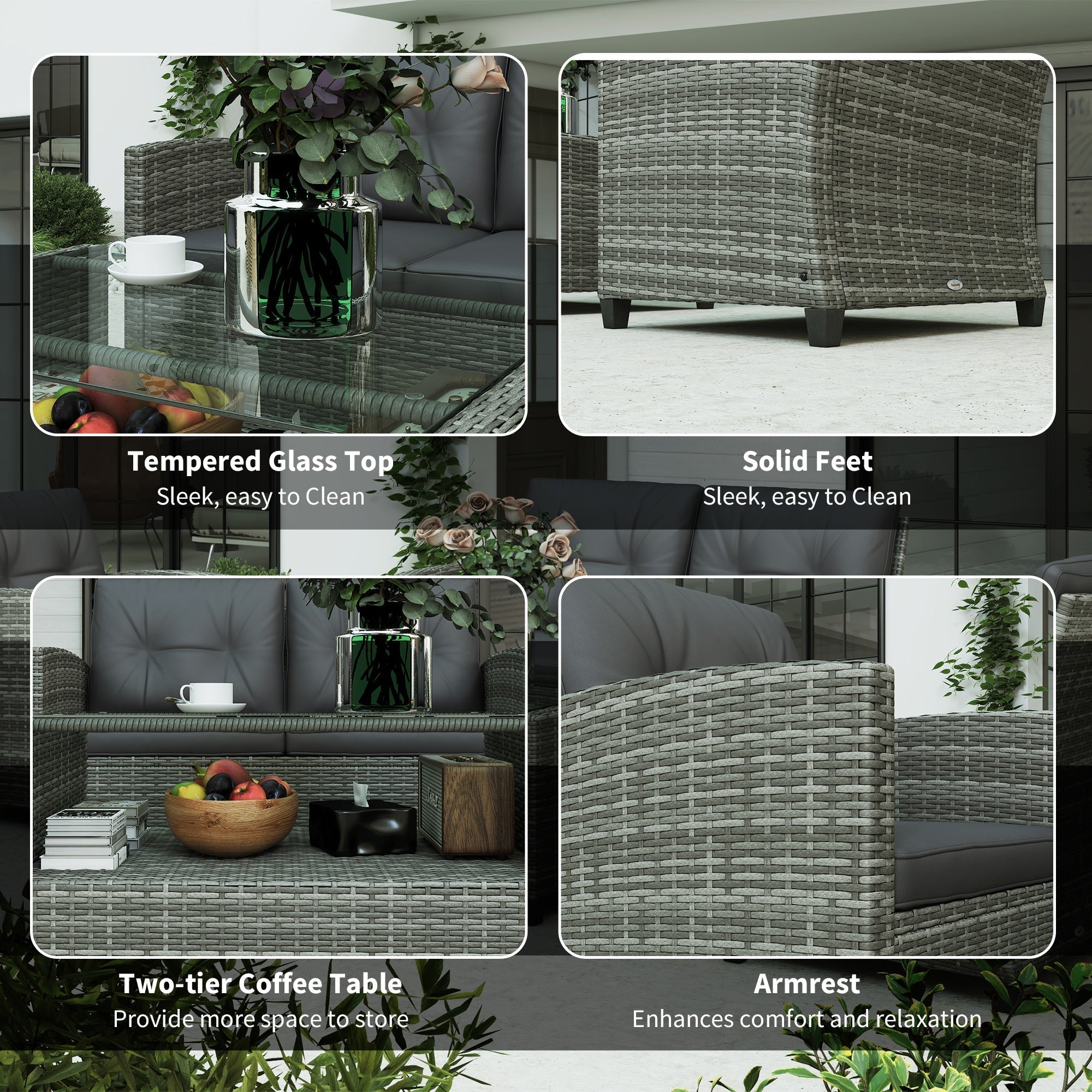 Outsunny 4-Piece PE Wicker Patio Set with Two-tier Coffee Table & Cushions, Charcoal - 860-117V01TN