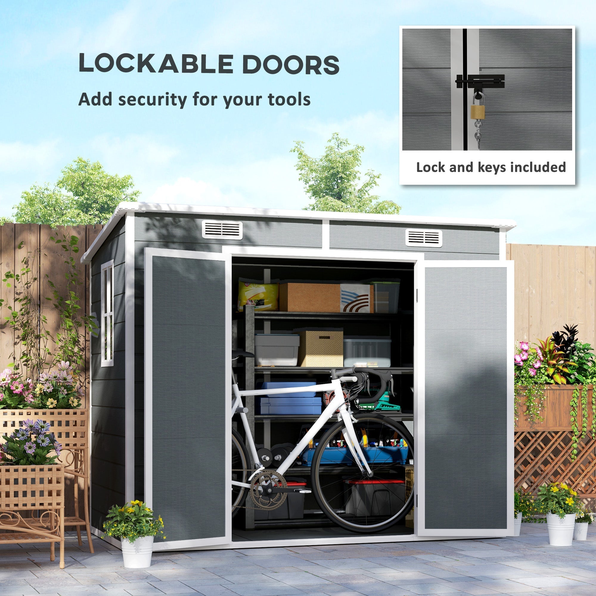 Outsunny EverBase 8' x 4' Outdoor Storage Shed with Window, Lockable Doors and Vents, Gray - 84H-156V00GY