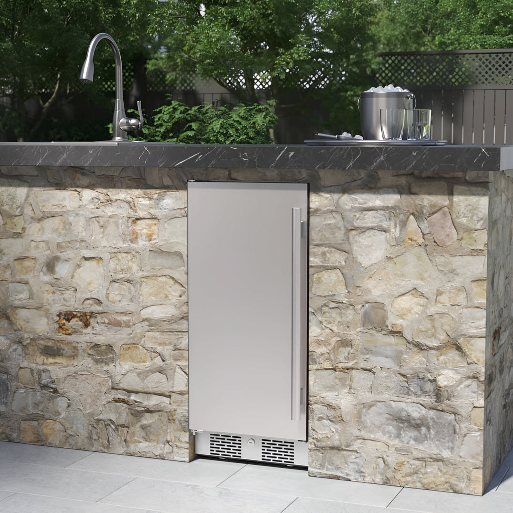 Avallon 15 Inch Wide 3.3 Cu. Ft. Outdoor Compact Refrigerator with LED Lighting and Left Swing Door Model AFR152SSODLH
