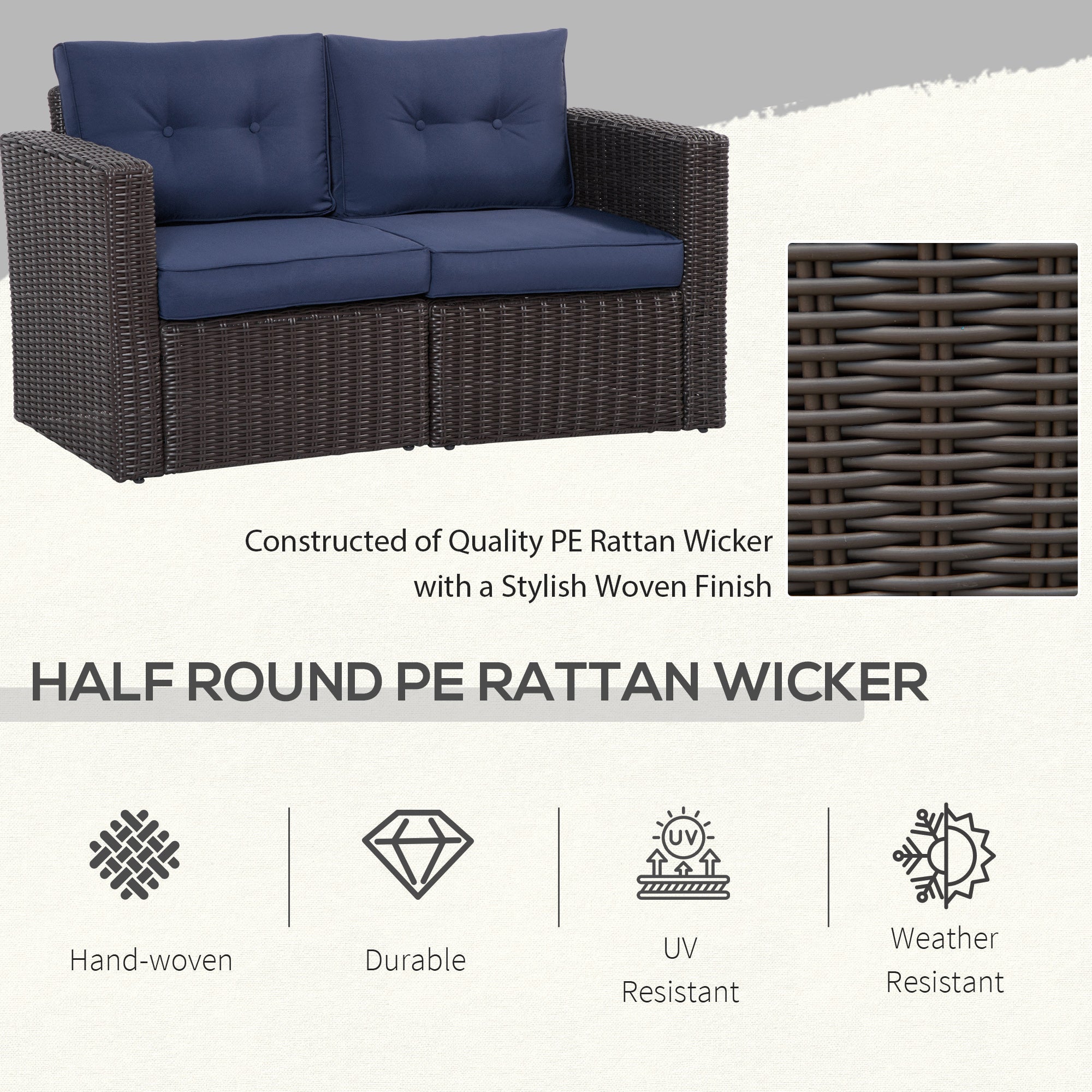Outsunny 2-Piece Patio Corner Sofa Set with Curved Armrests &amp; Padded Cushions, Dark Blue - 860-204DB