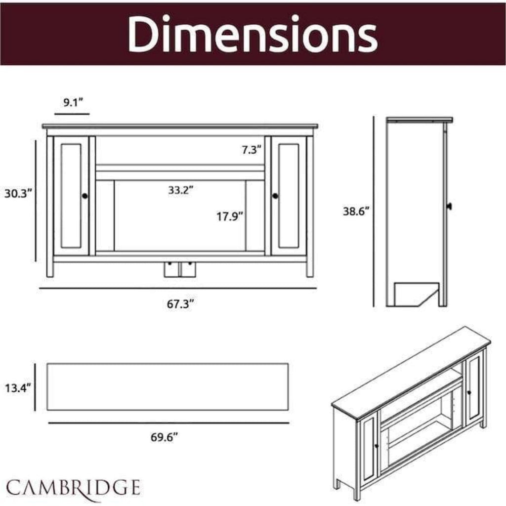 Cambridge Somerset 70-In. Black Electric Fireplace TV Stand with Multi-Color LED Flames, Crystal Rock Display, and Remote Control - CAM6938-1COF